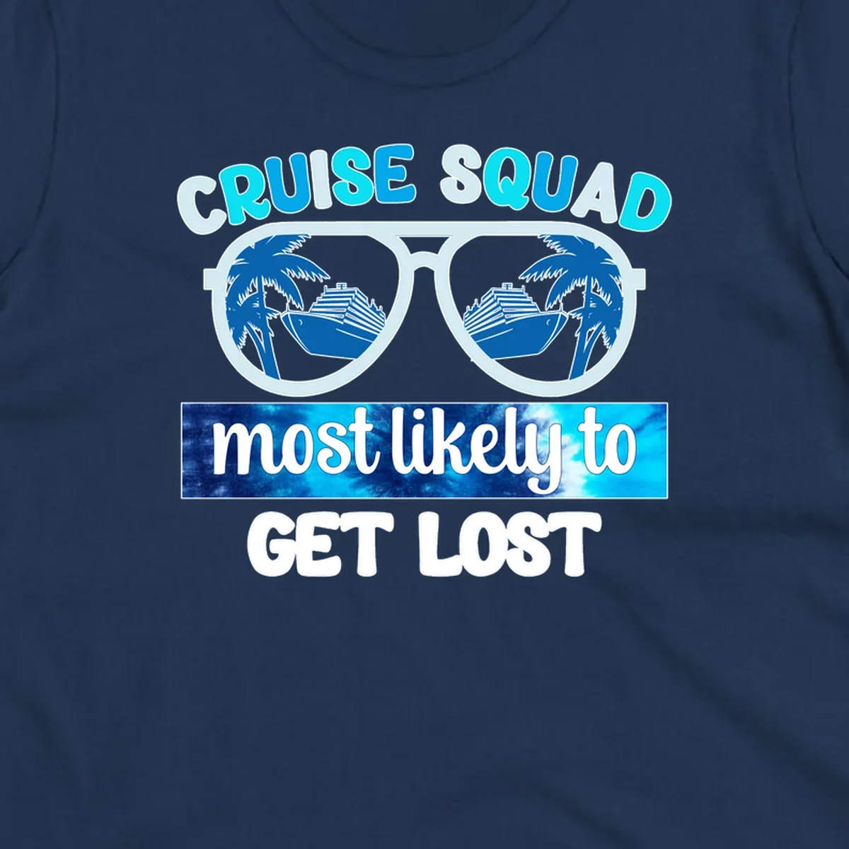 Cruise squad get lost design: oversized sunglasses with palm trees and ships reflected in lenses, cyan and blue colors