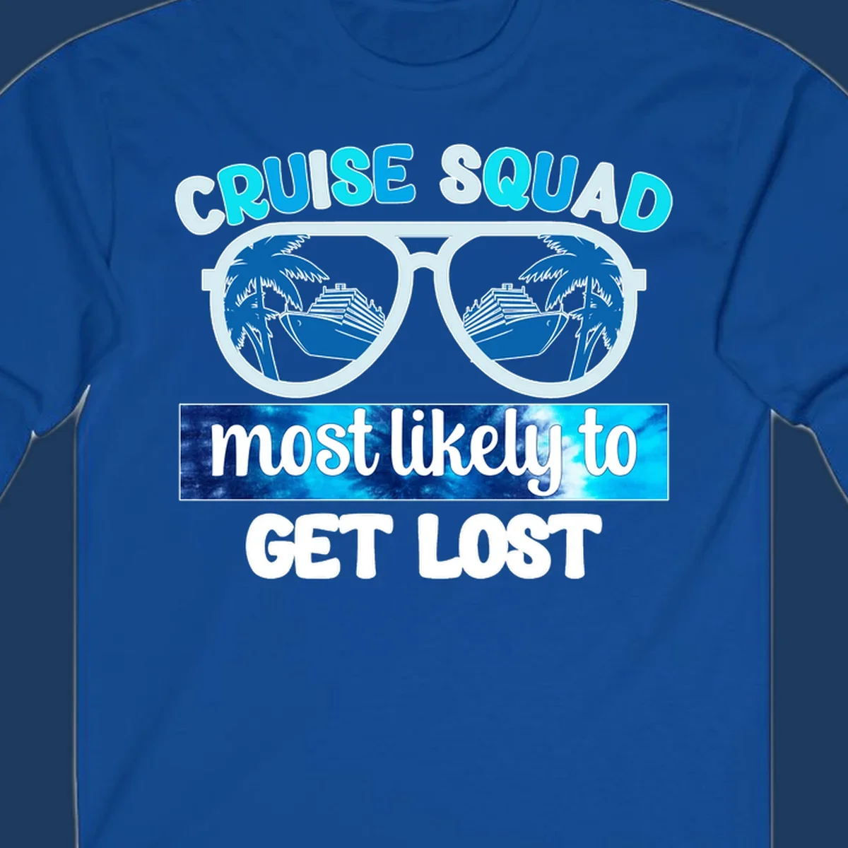 Cruise squad get lost design: oversized sunglasses with palm trees and ships reflected in lenses, cyan and blue colors