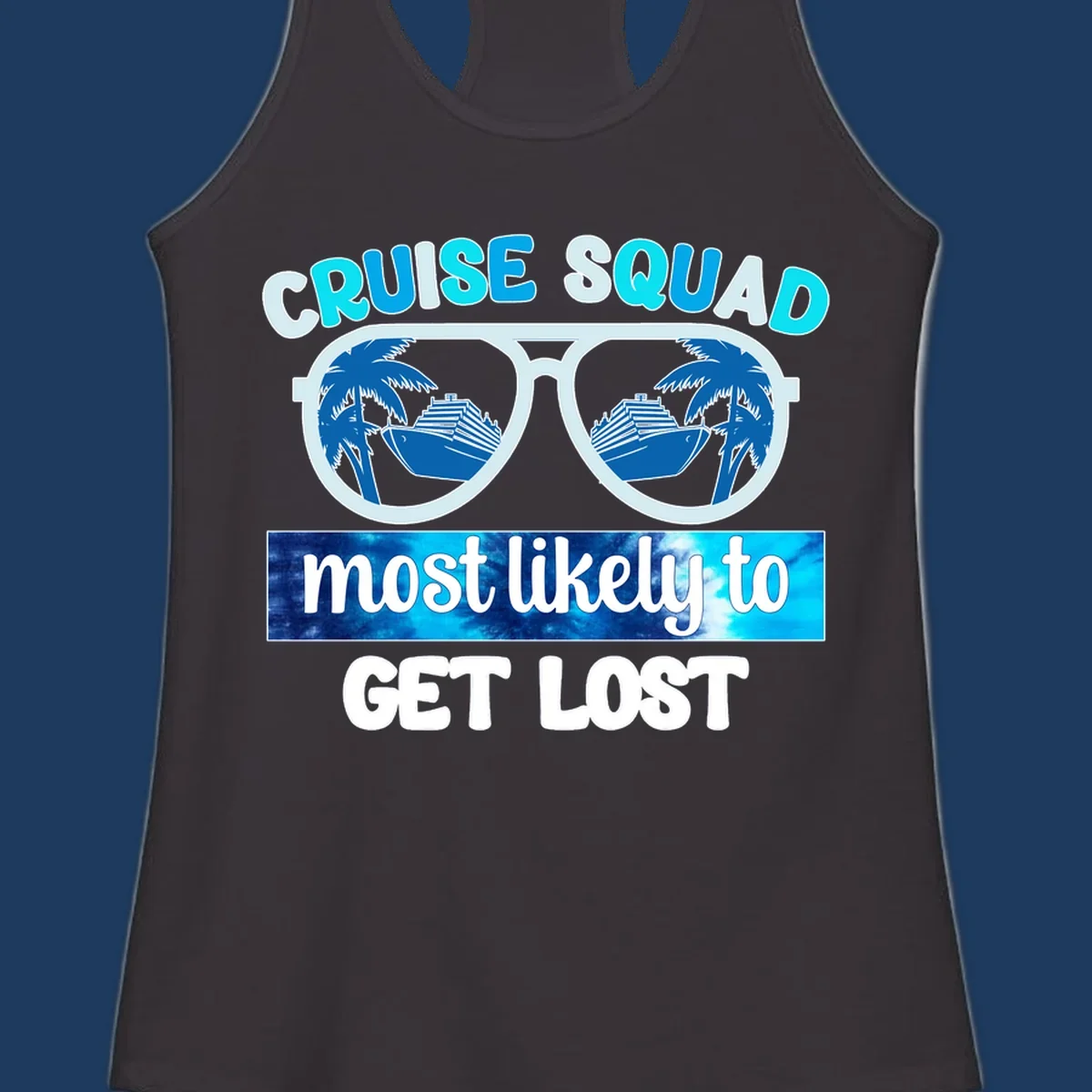 Cruise squad get lost design: oversized sunglasses with palm trees and ships reflected in lenses, cyan and blue colors