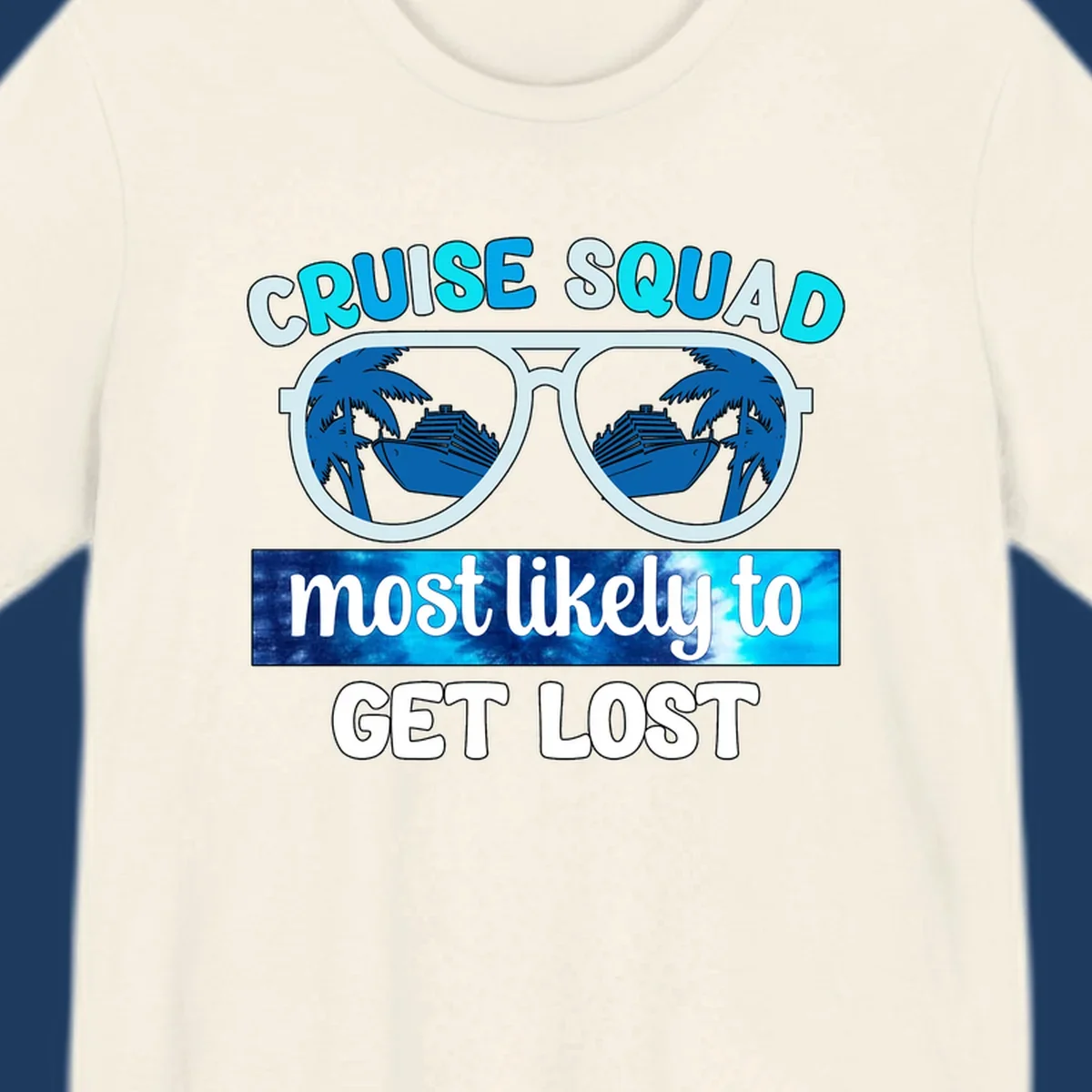 Cruise squad get lost design: oversized sunglasses with palm trees and ships reflected in lenses, cyan and blue colors