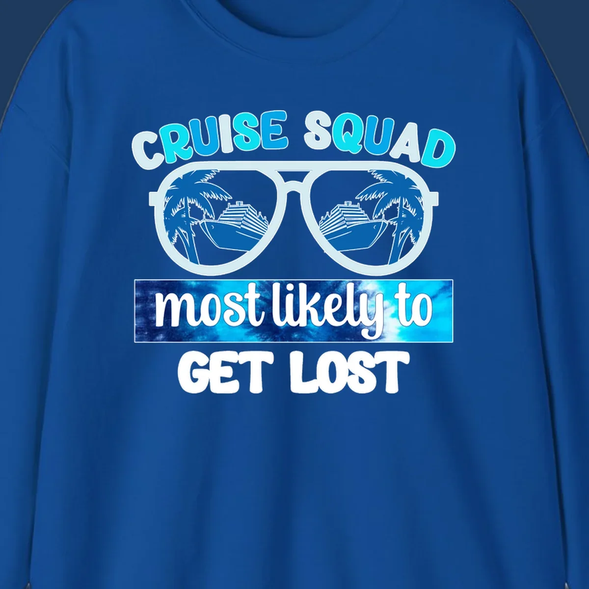 Cruise squad get lost design: oversized sunglasses with palm trees and ships reflected in lenses, cyan and blue colors