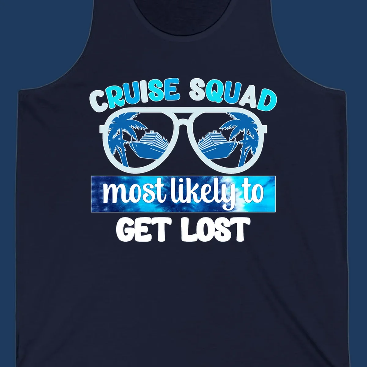 Cruise squad get lost design: oversized sunglasses with palm trees and ships reflected in lenses, cyan and blue colors
