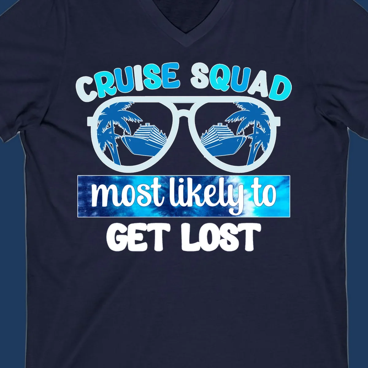 Cruise squad get lost design: oversized sunglasses with palm trees and ships reflected in lenses, cyan and blue colors