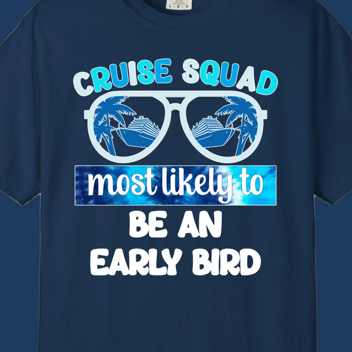 Cruise squad early bird design with sunglasses reflecting palm trees and cruise ship, bold text overlay on nautical background