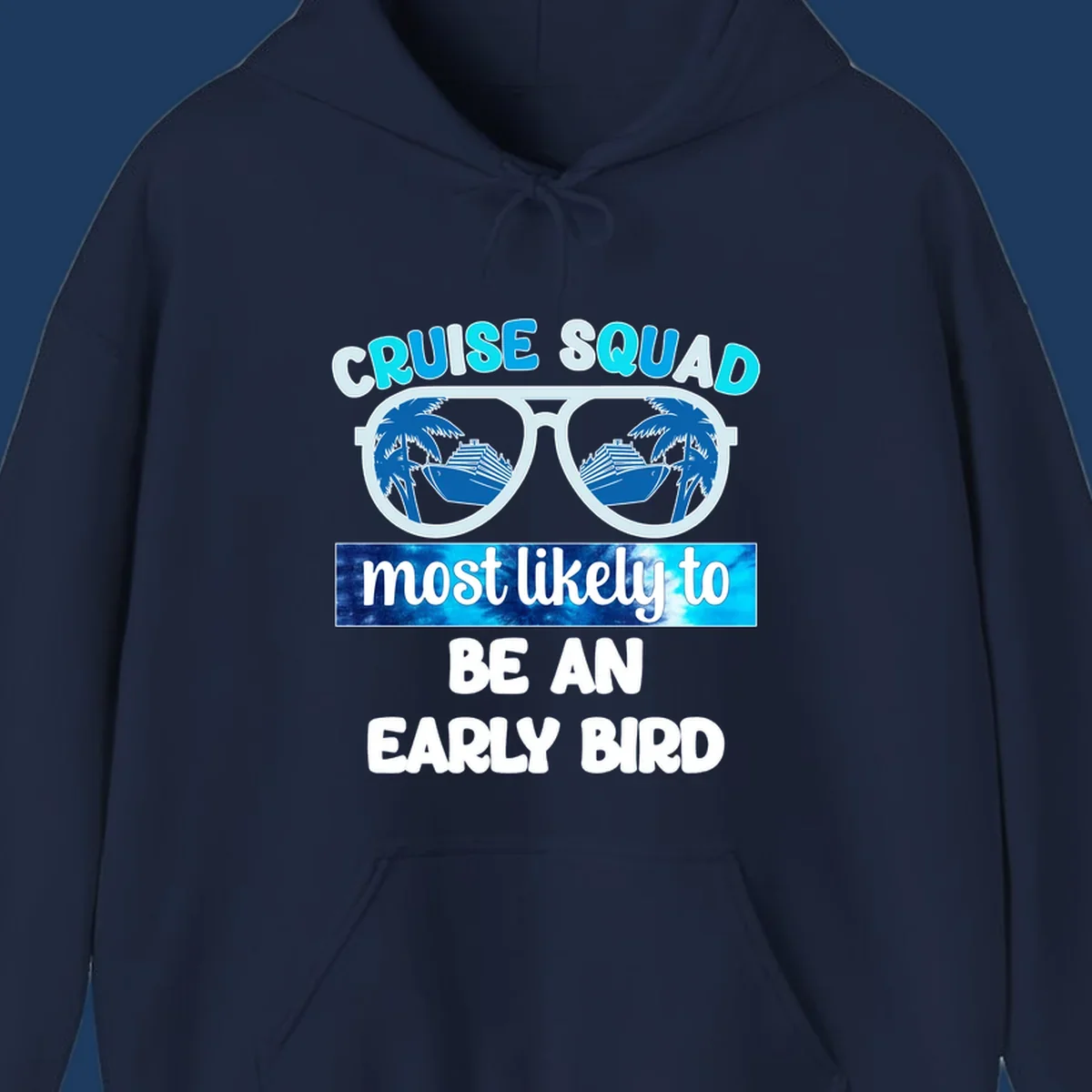 Cruise squad early bird design with sunglasses reflecting palm trees and cruise ship, bold text overlay on nautical background