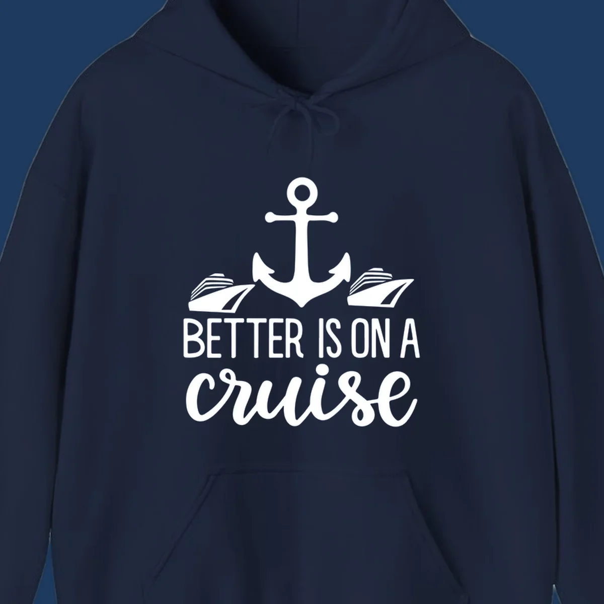 White anchor with cruise ships and text reading 'Better Is On A Cruise' on gray background