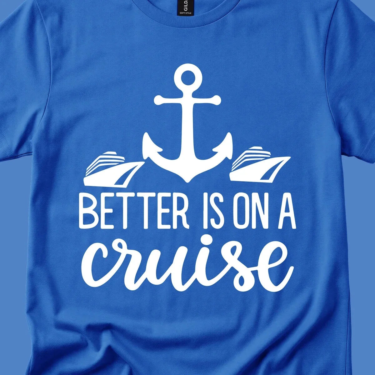 White anchor with cruise ships and text reading 'Better Is On A Cruise' on gray background