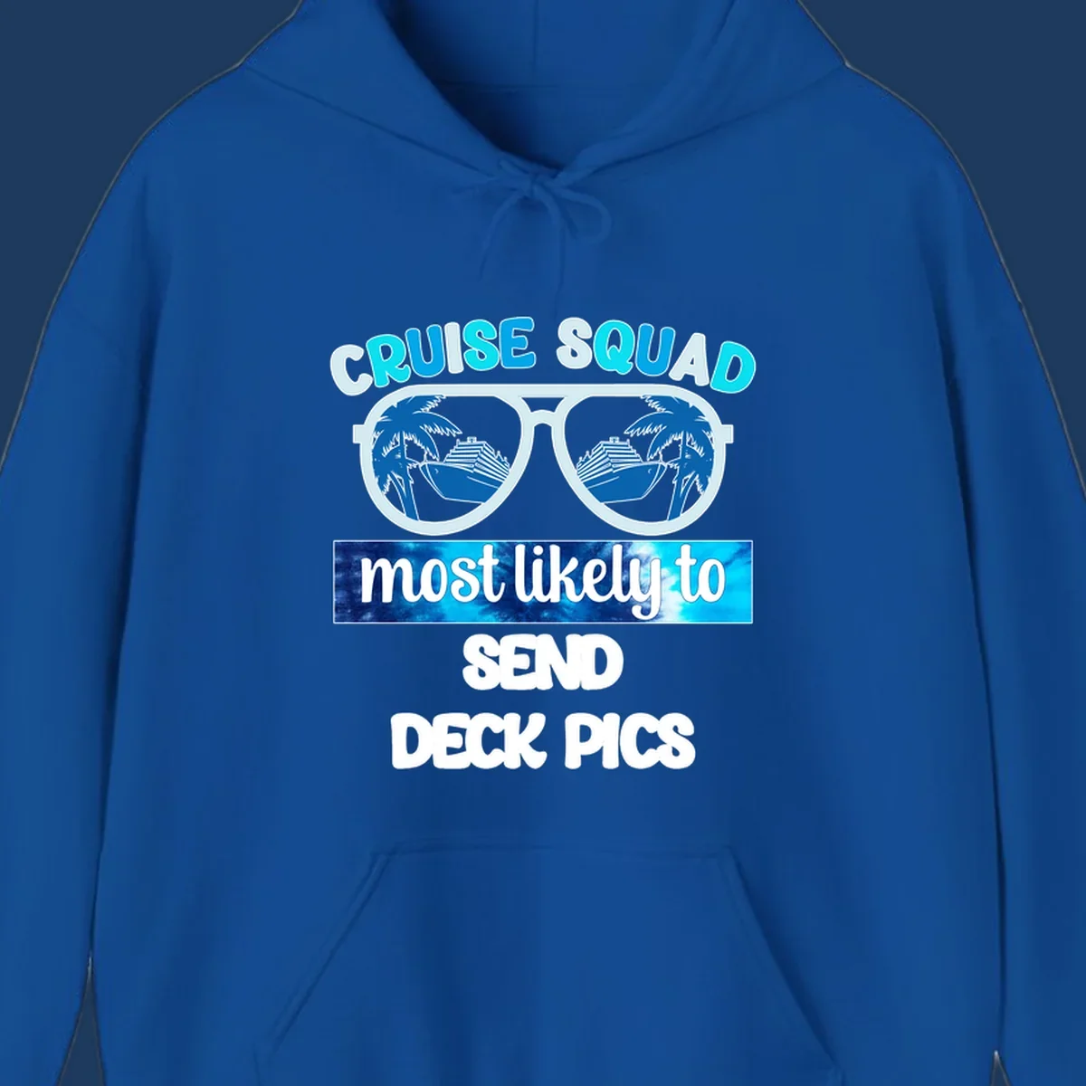 Cruise squad sunglasses with palm trees and ship reflections, text reads 'most likely to send deck pics'