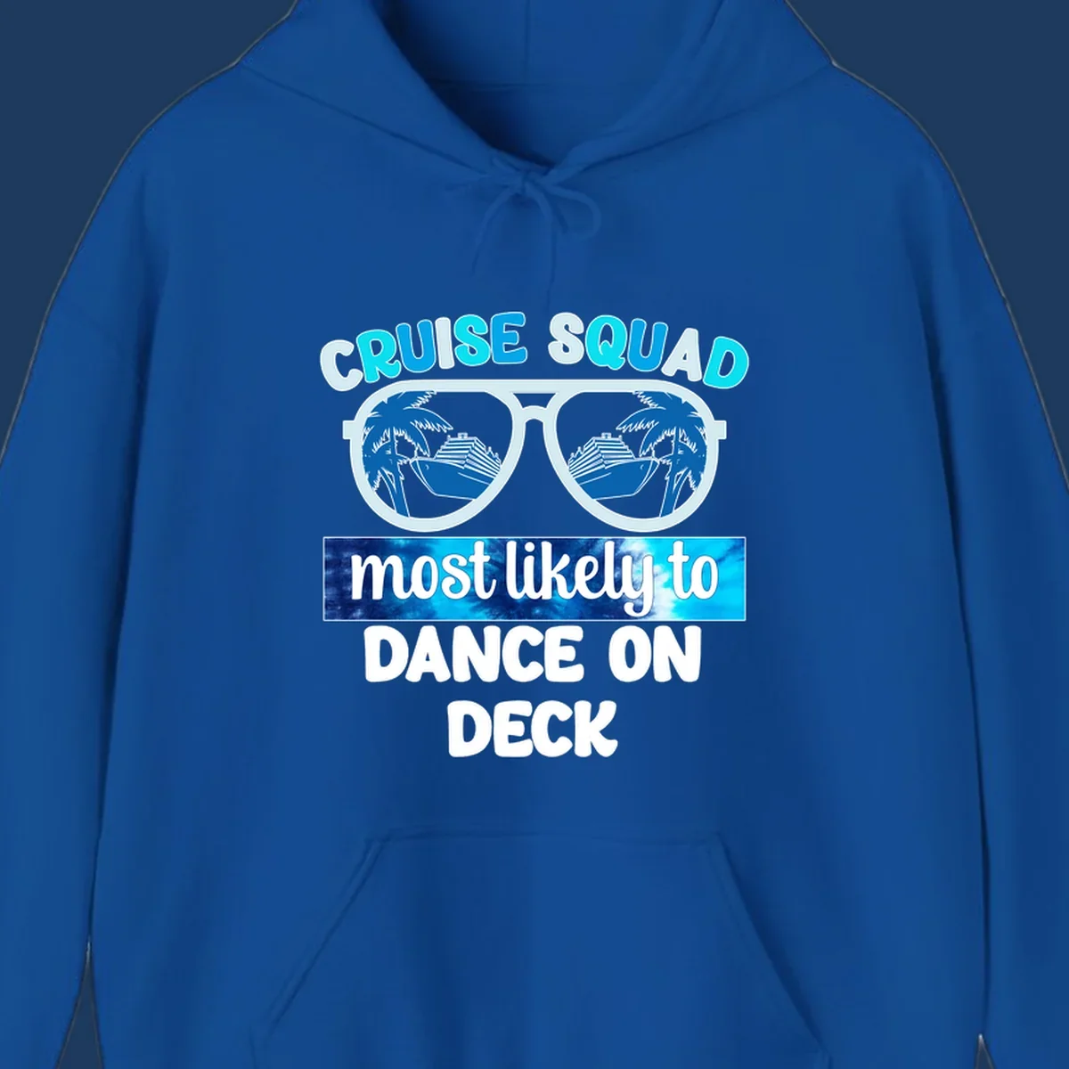 Sunglasses with cruise ship and palm tree reflections, text reads 'Cruise Squad most likely to Dance on Deck'