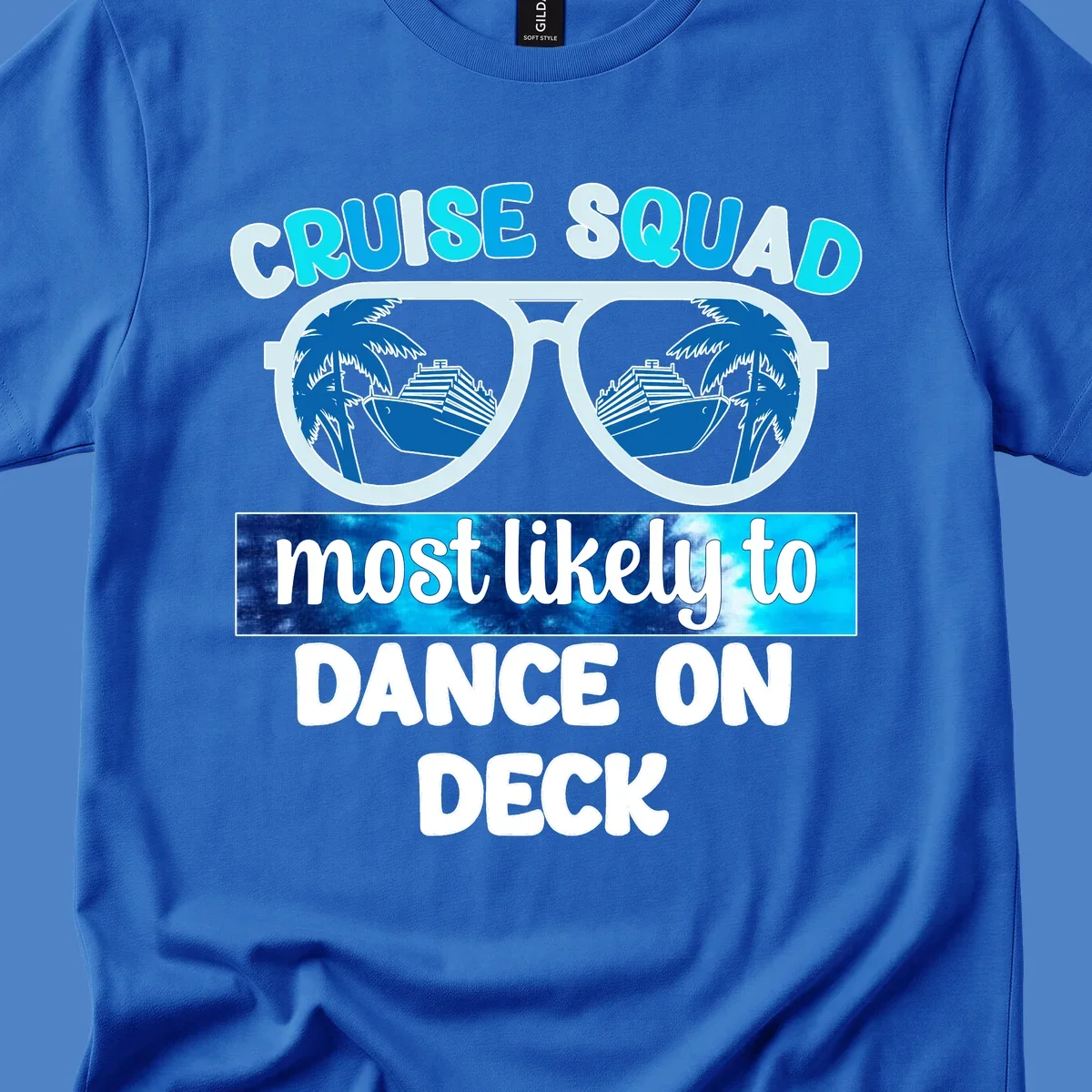Sunglasses with cruise ship and palm tree reflections, text reads 'Cruise Squad most likely to Dance on Deck'