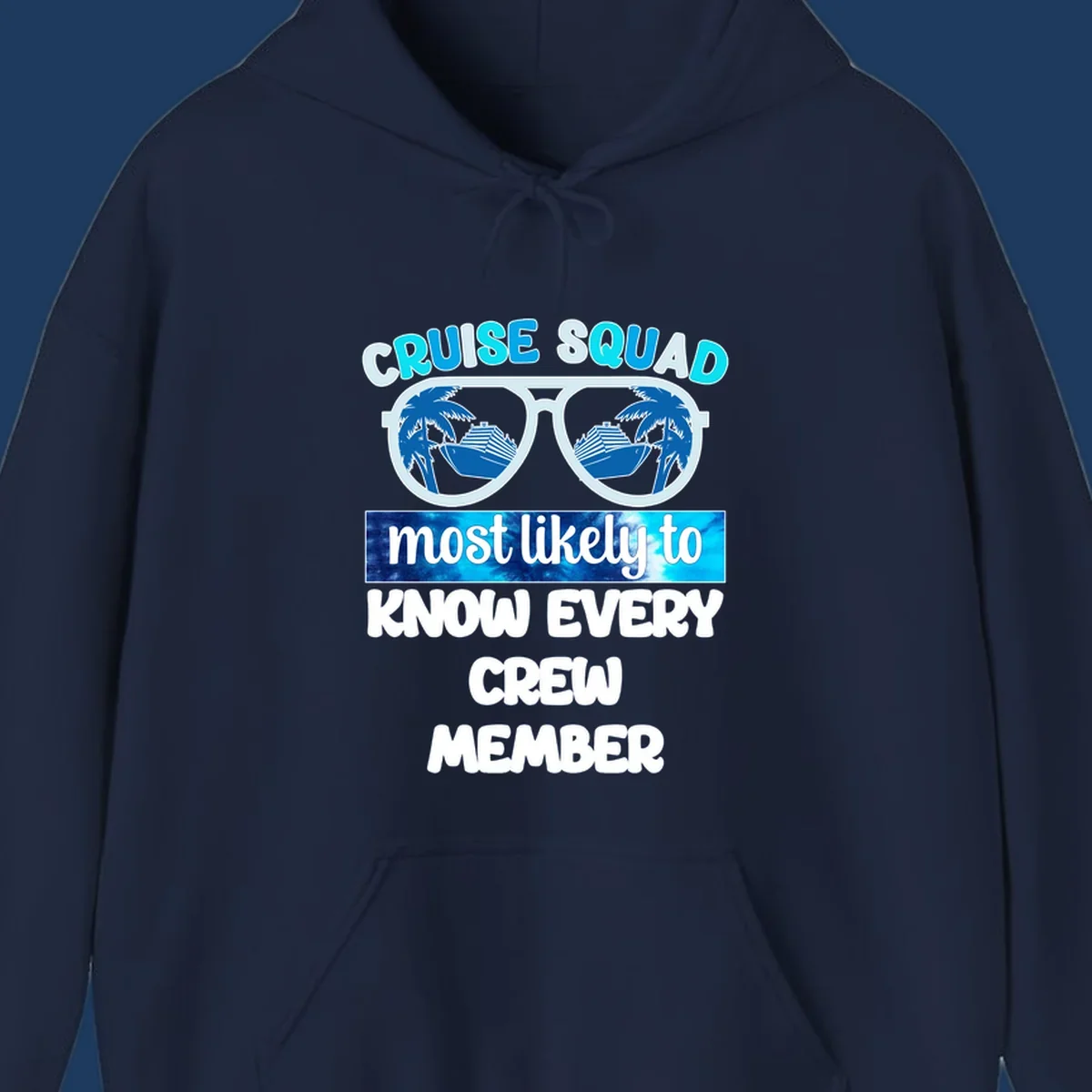 Sunglasses with cruise ship and palm tree reflections, 'Cruise Squad most likely to know every crew member' text design