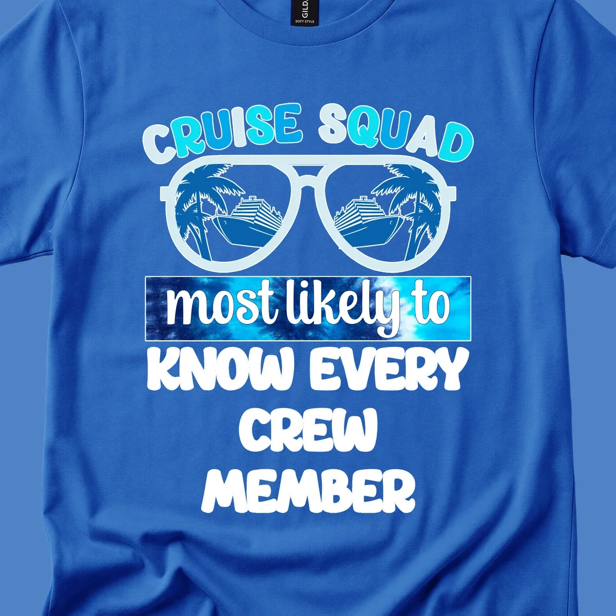 Sunglasses with cruise ship and palm tree reflections, 'Cruise Squad most likely to know every crew member' text design