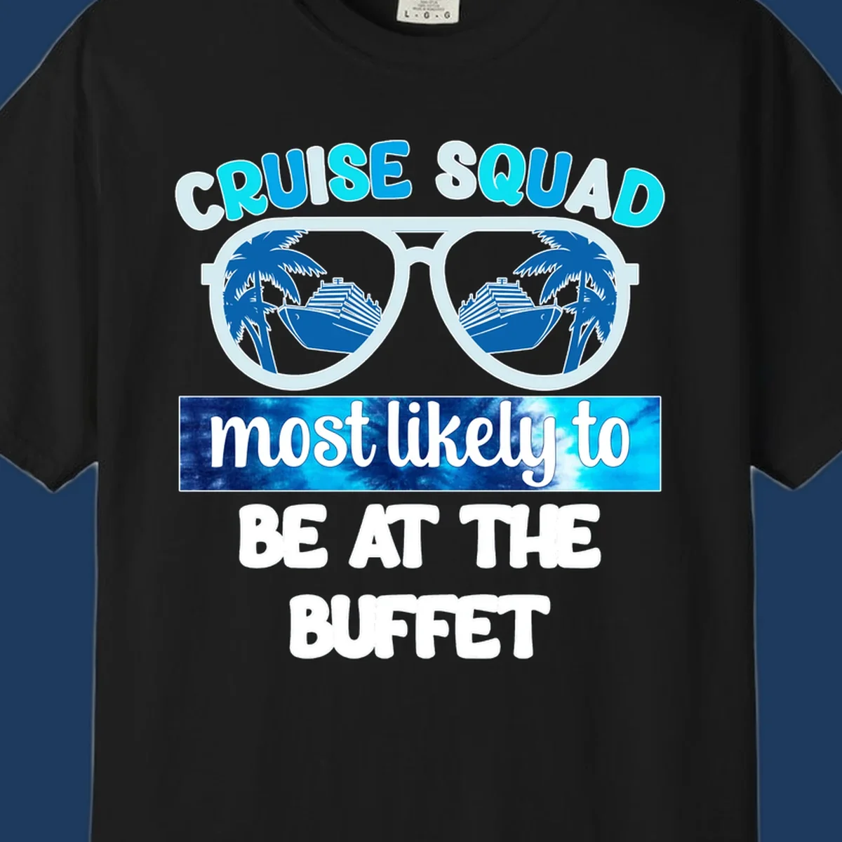 Cruise squad buffet design with oversized sunglasses reflecting palm trees and ship, text reads most likely to be at the buffet