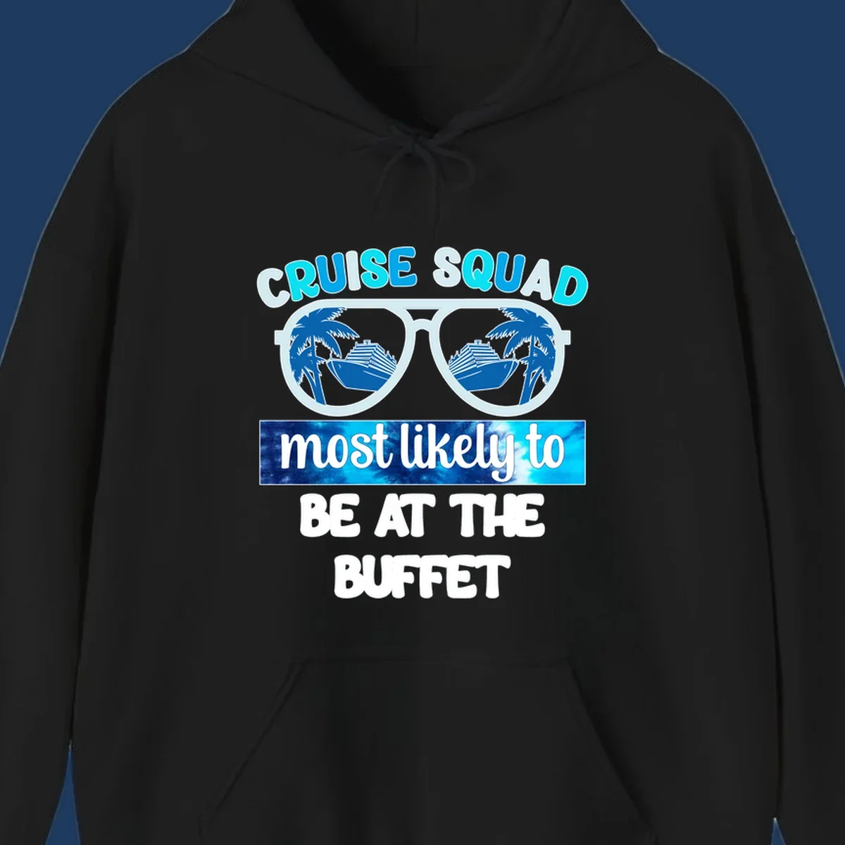 Cruise squad buffet design with oversized sunglasses reflecting palm trees and ship, text reads most likely to be at the buffet