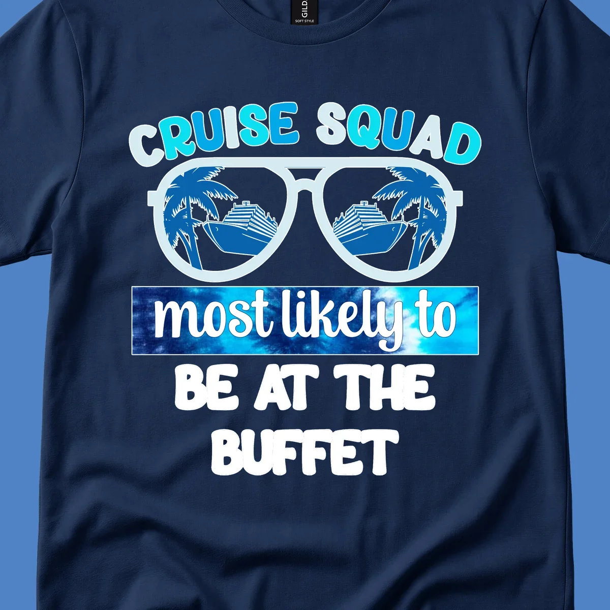Cruise squad buffet design with oversized sunglasses reflecting palm trees and ship, text reads most likely to be at the buffet