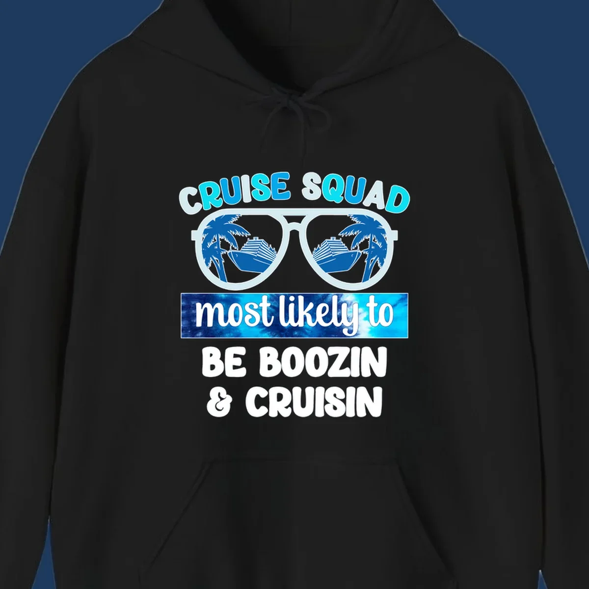 Cruise squad boozin design with oversized sunglasses reflecting cruise ships and palm trees, bold text proclaiming the group's vacation party plans