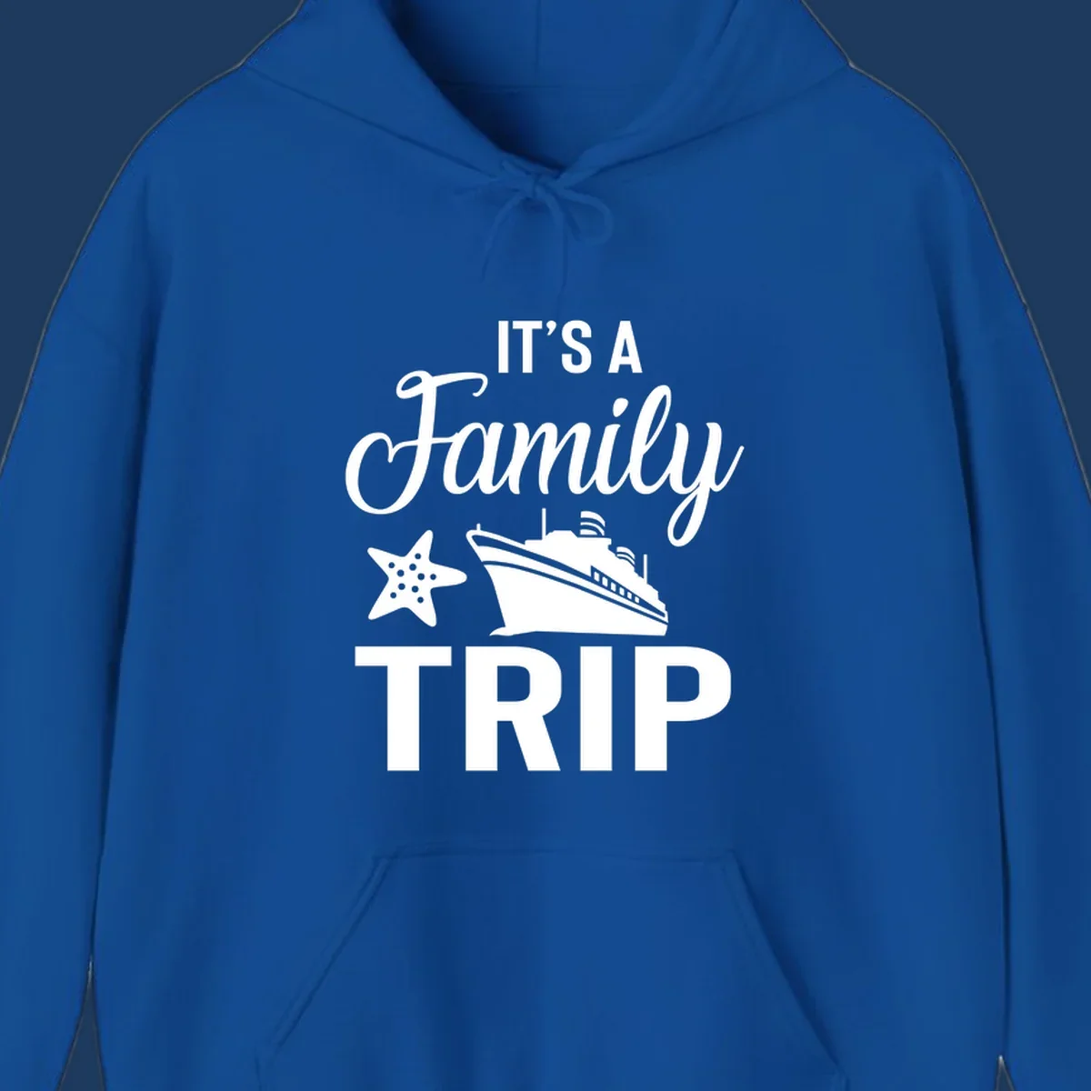 Family cruise trip design with cruise ship and starfish graphic on gray background