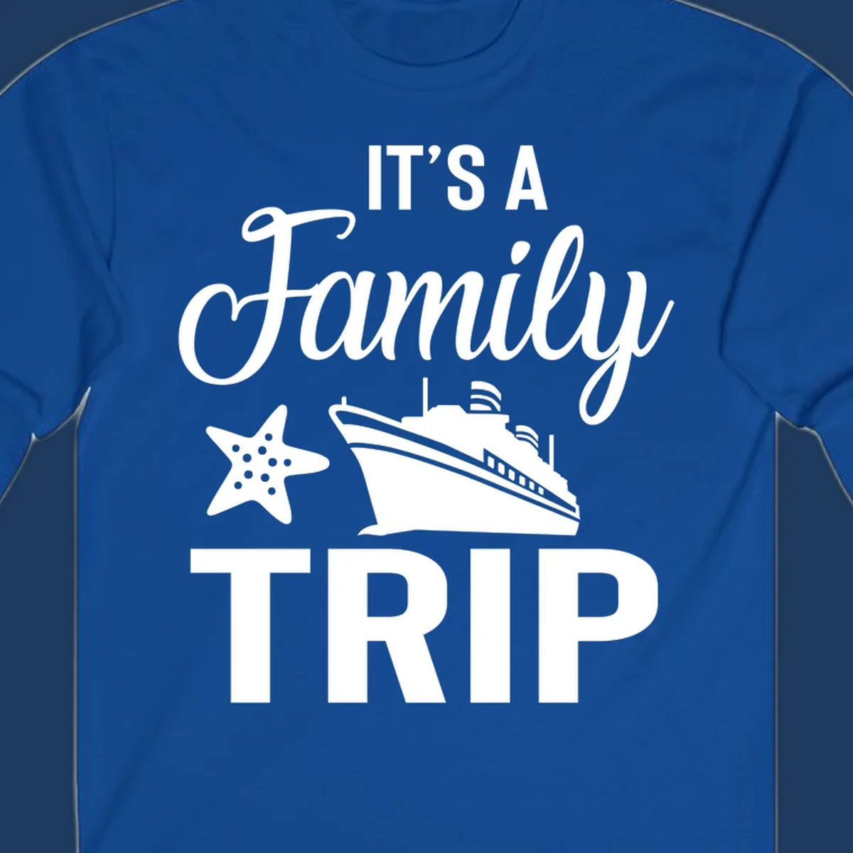 Family cruise trip design with cruise ship and starfish graphic on gray background
