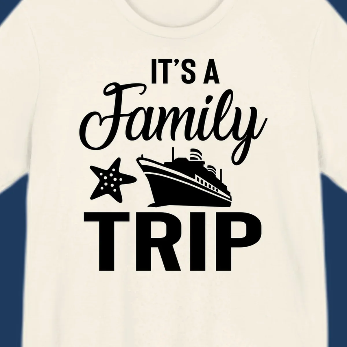 Family cruise trip design with cruise ship and starfish graphic on gray background