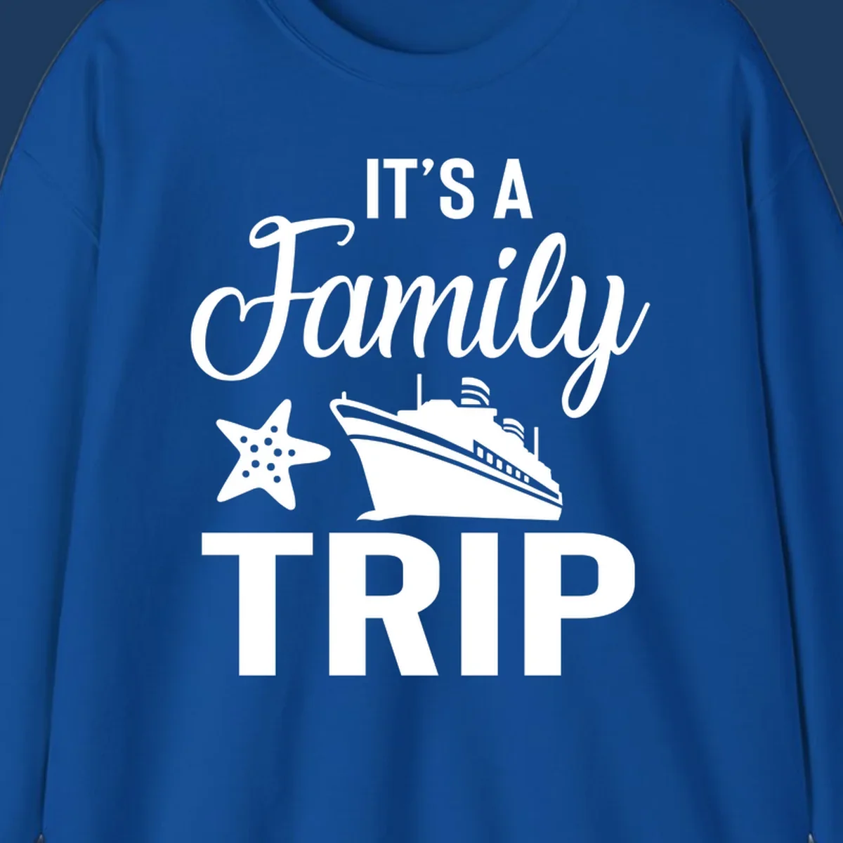Family cruise trip design with cruise ship and starfish graphic on gray background