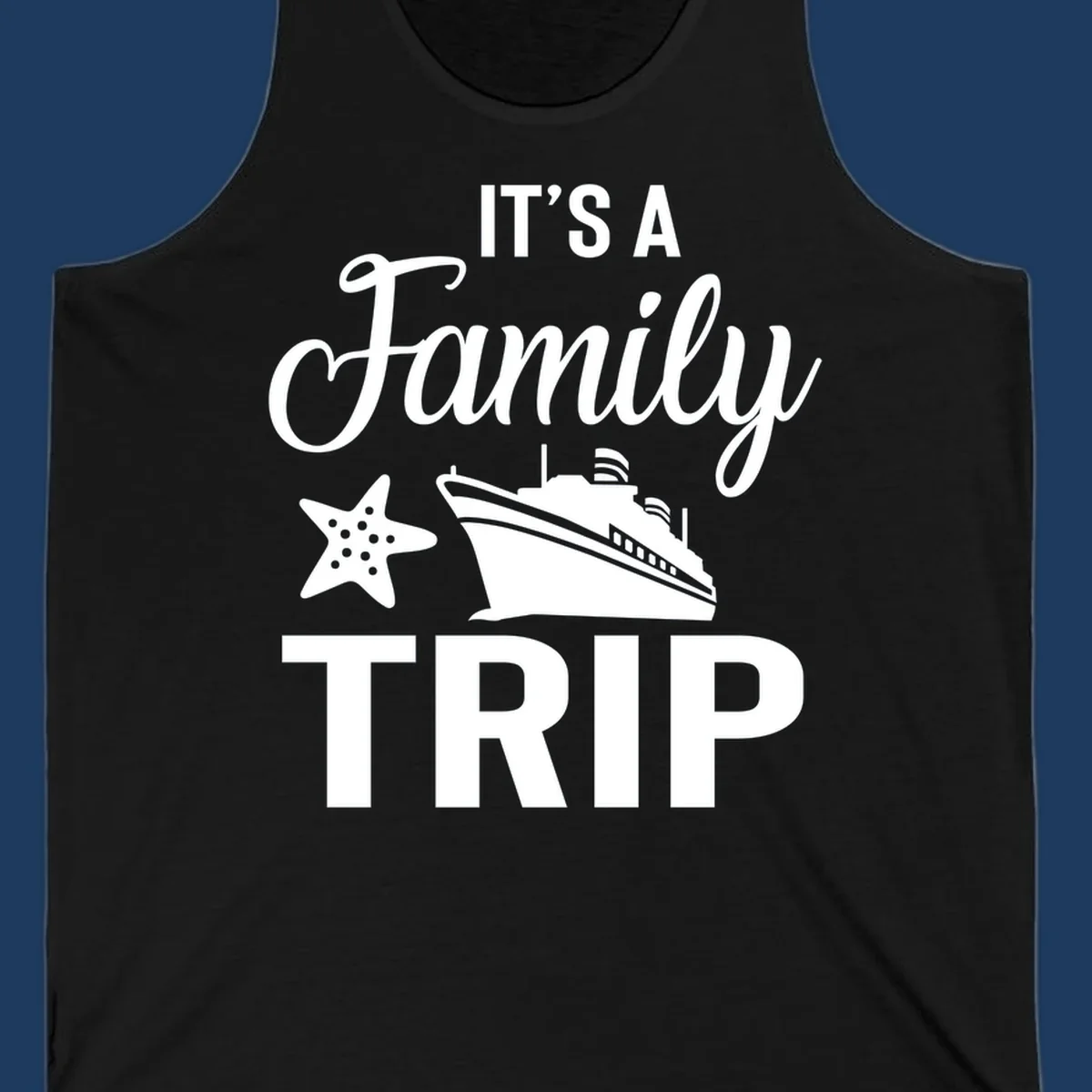 Family cruise trip design with cruise ship and starfish graphic on gray background