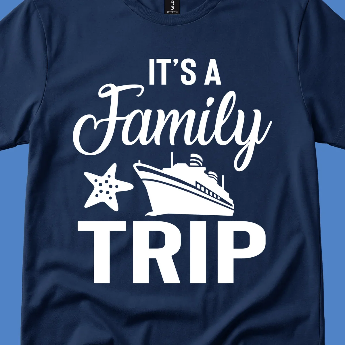 Family cruise trip design with cruise ship and starfish graphic on gray background