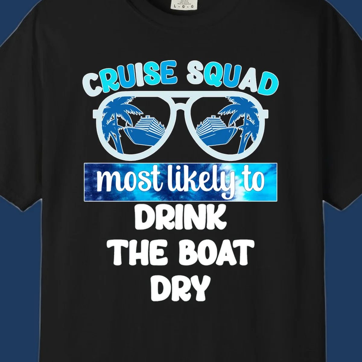 Cruise squad boat dry design with sunglasses containing ship and palm tree reflections, playful vacation text