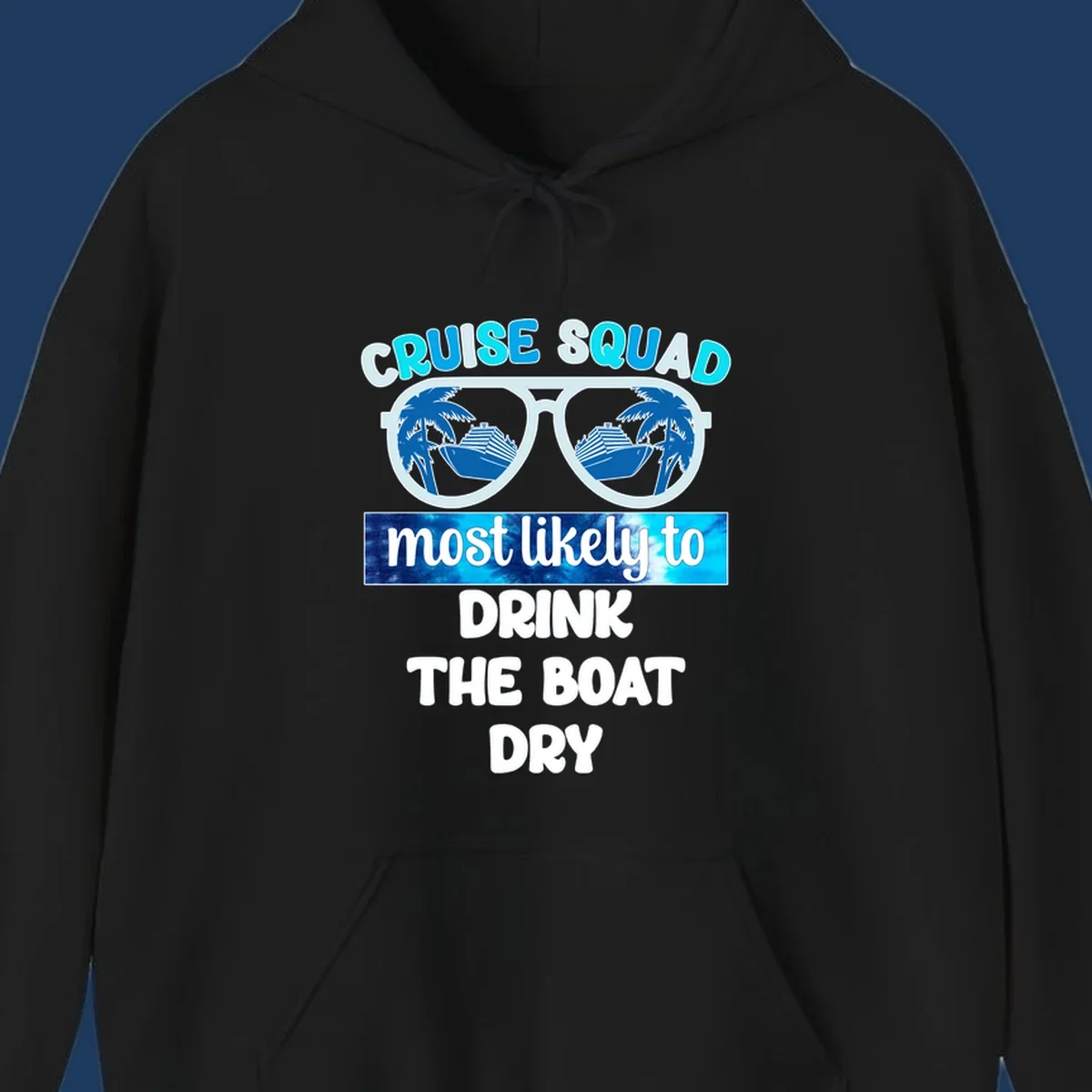 Cruise squad boat dry design with sunglasses containing ship and palm tree reflections, playful vacation text