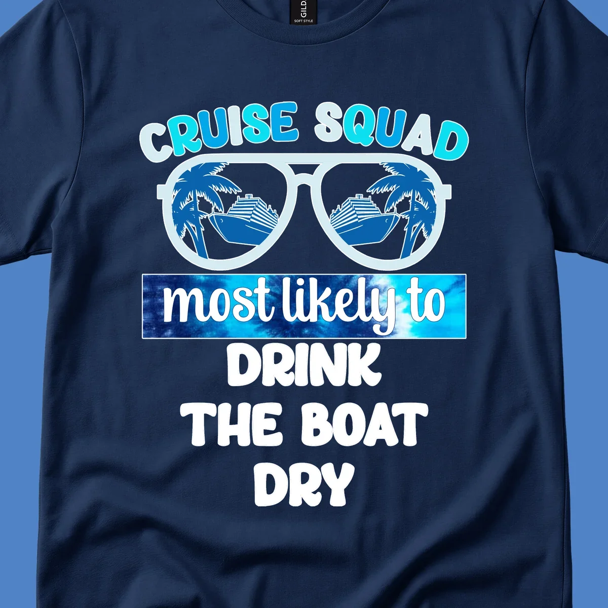 Cruise squad boat dry design with sunglasses containing ship and palm tree reflections, playful vacation text