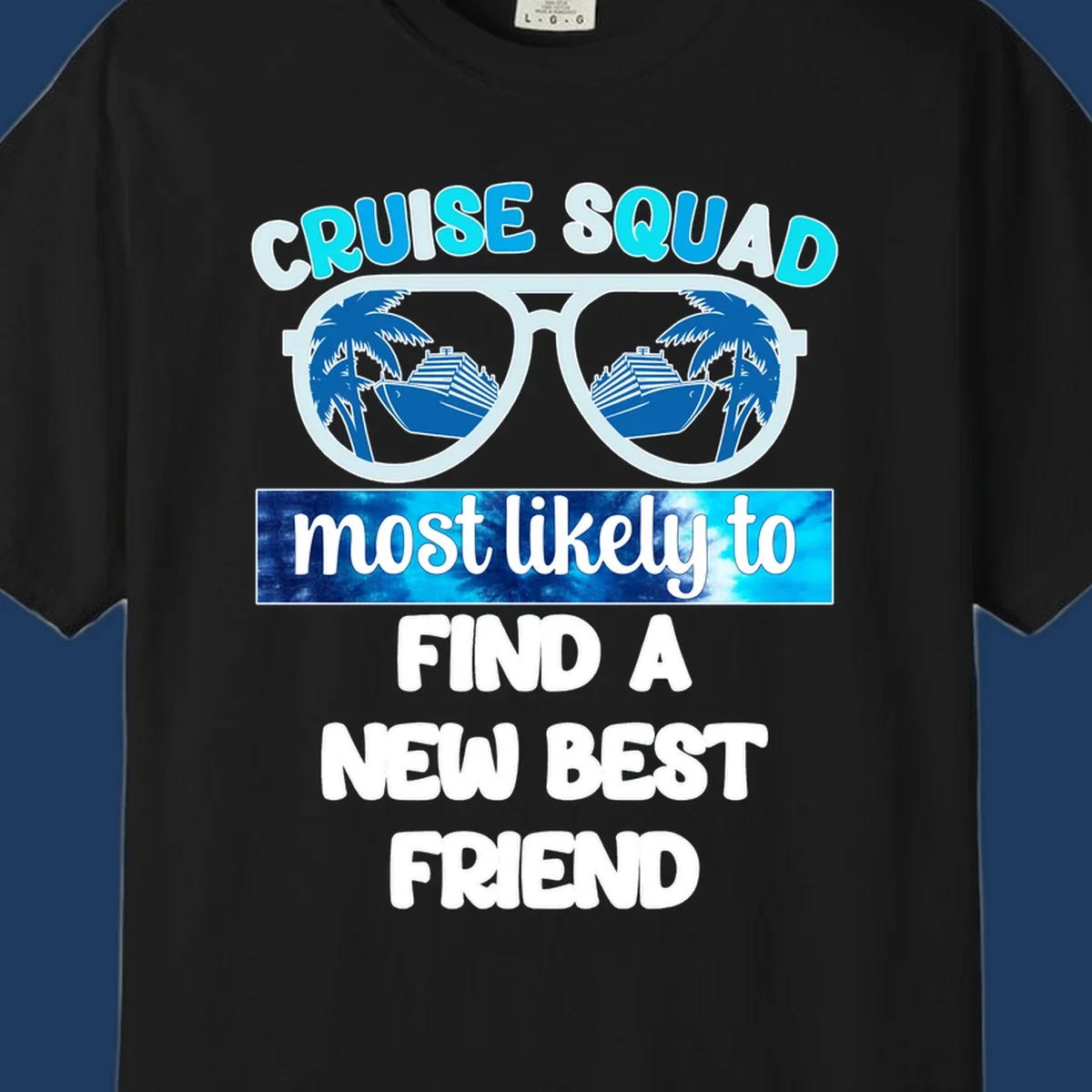 Sunglasses with palm trees and cruise ships reflected in lenses, text reads 'Cruise Squad most likely to find a new best friend'