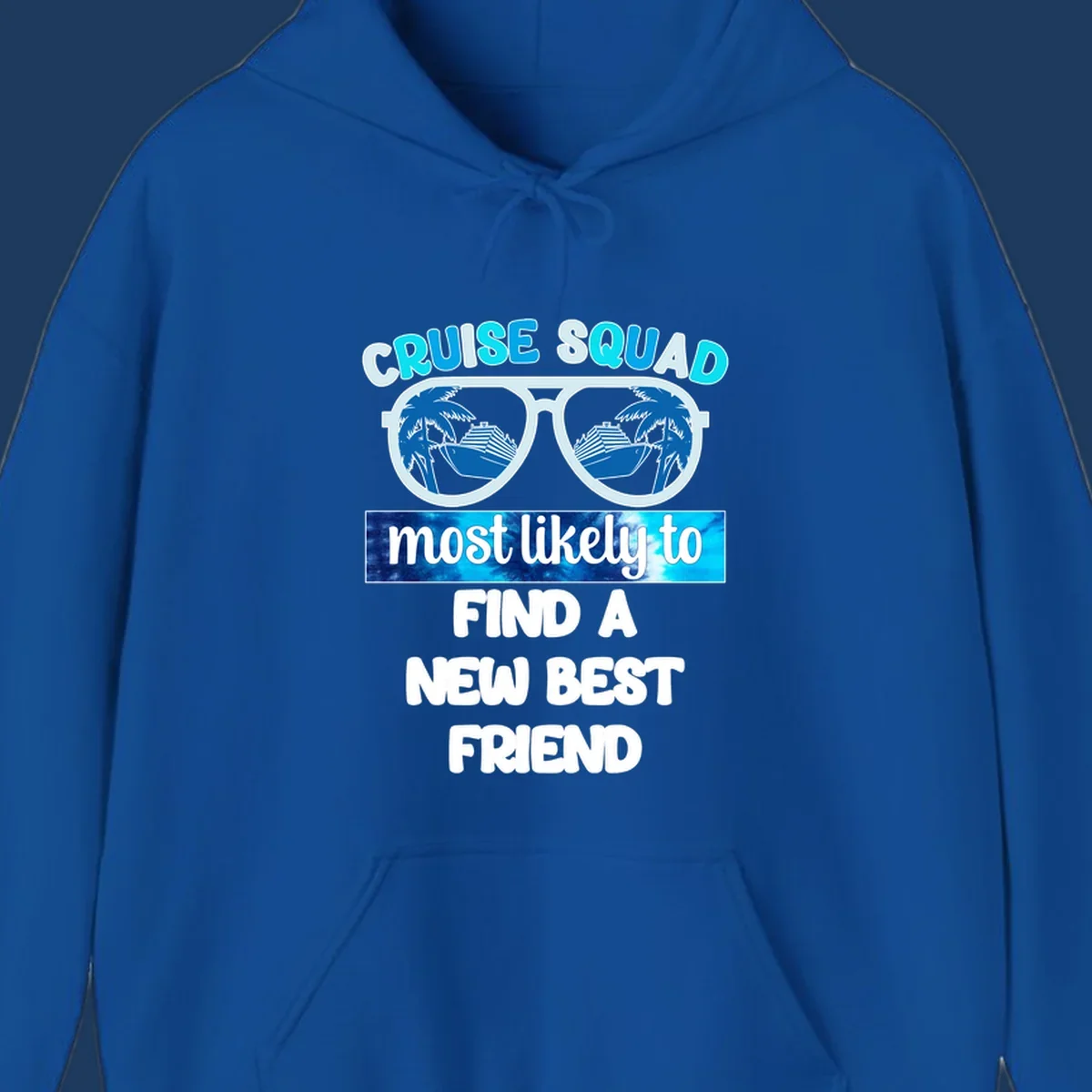 Sunglasses with palm trees and cruise ships reflected in lenses, text reads 'Cruise Squad most likely to find a new best friend'