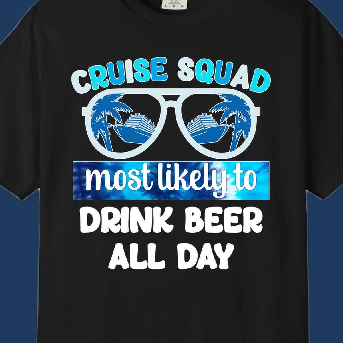 Cruise squad beer sunglasses design with palm trees and ships reflected in oversized shades