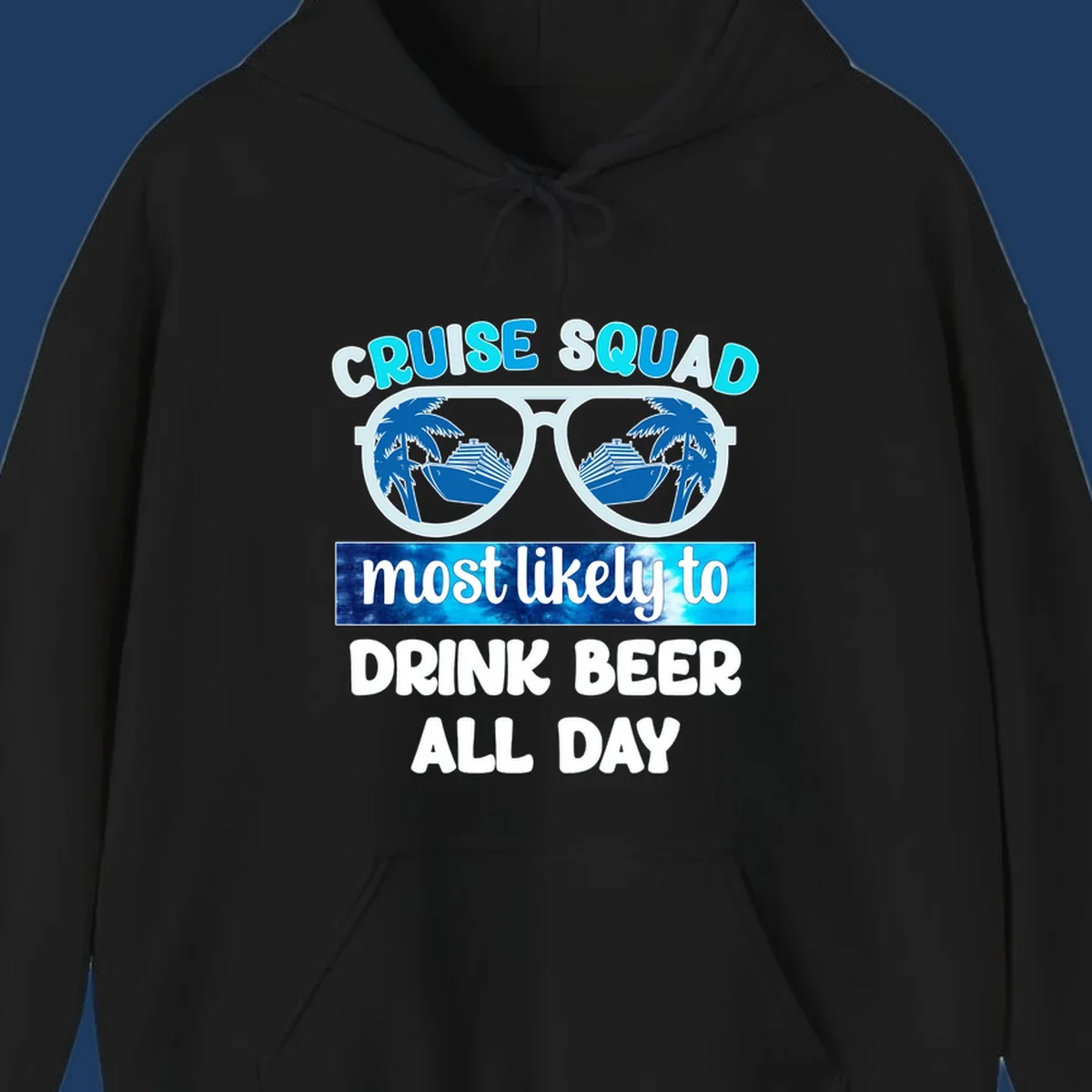 Cruise squad beer sunglasses design with palm trees and ships reflected in oversized shades