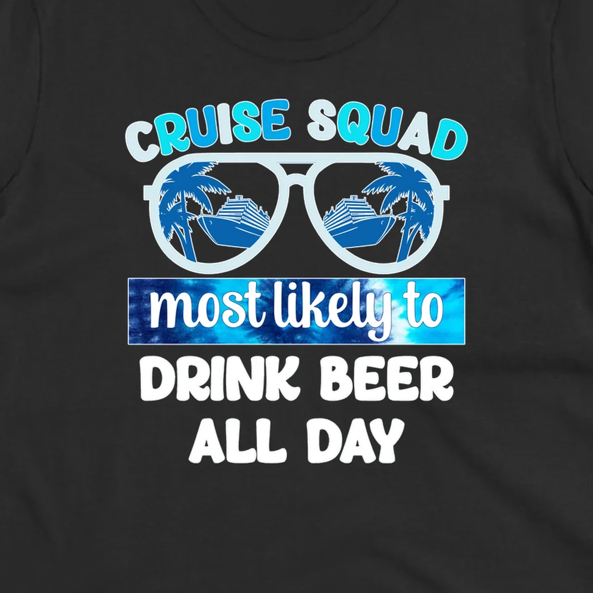 Cruise squad beer sunglasses design with palm trees and ships reflected in oversized shades