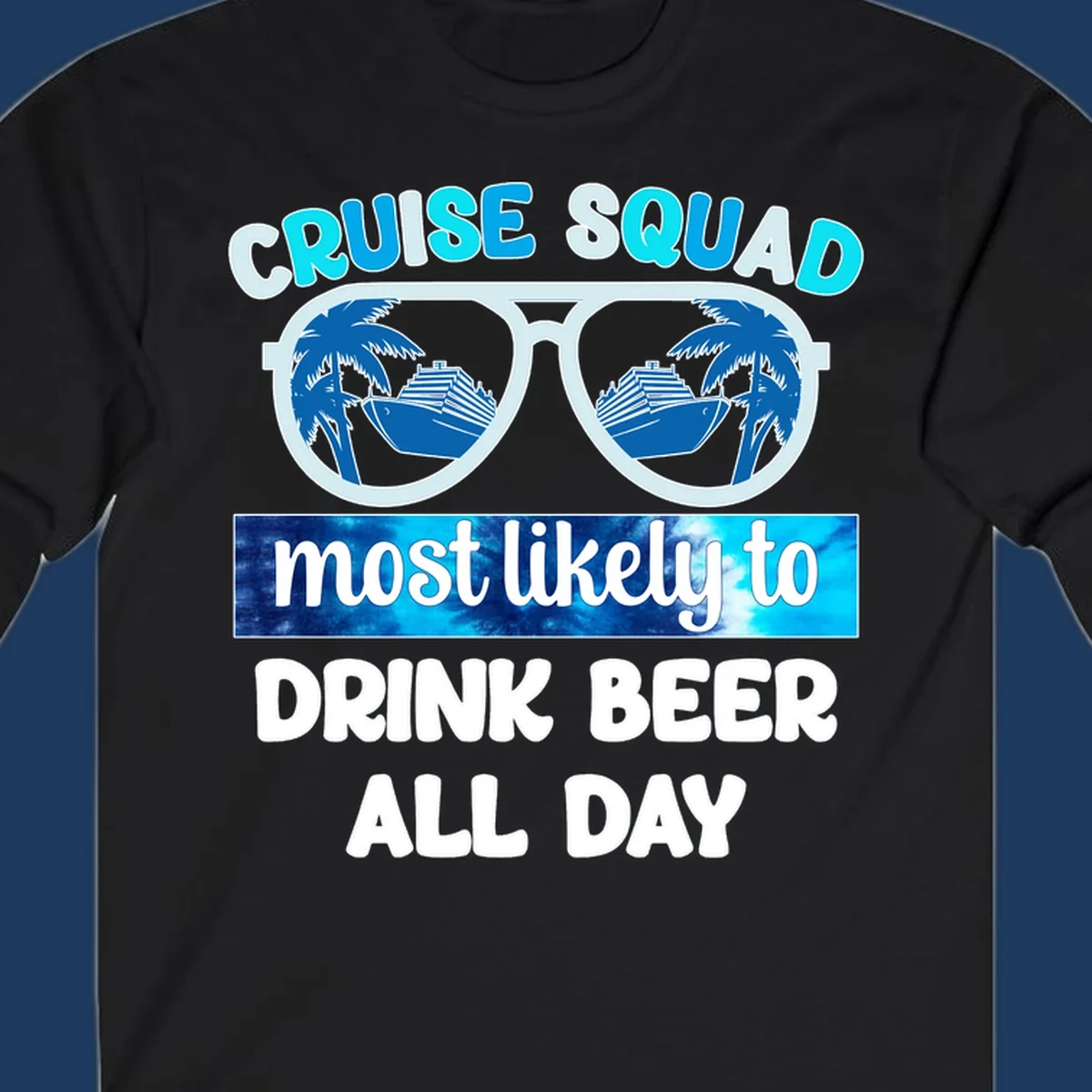 Cruise squad beer sunglasses design with palm trees and ships reflected in oversized shades
