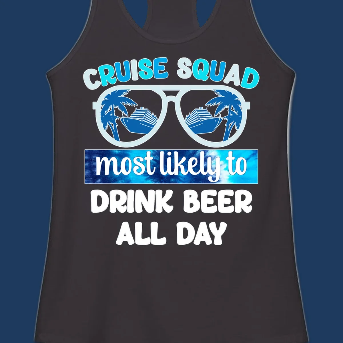 Cruise squad beer sunglasses design with palm trees and ships reflected in oversized shades