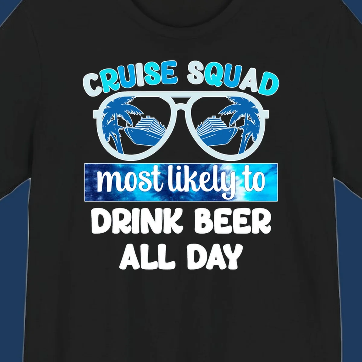 Cruise squad beer sunglasses design with palm trees and ships reflected in oversized shades
