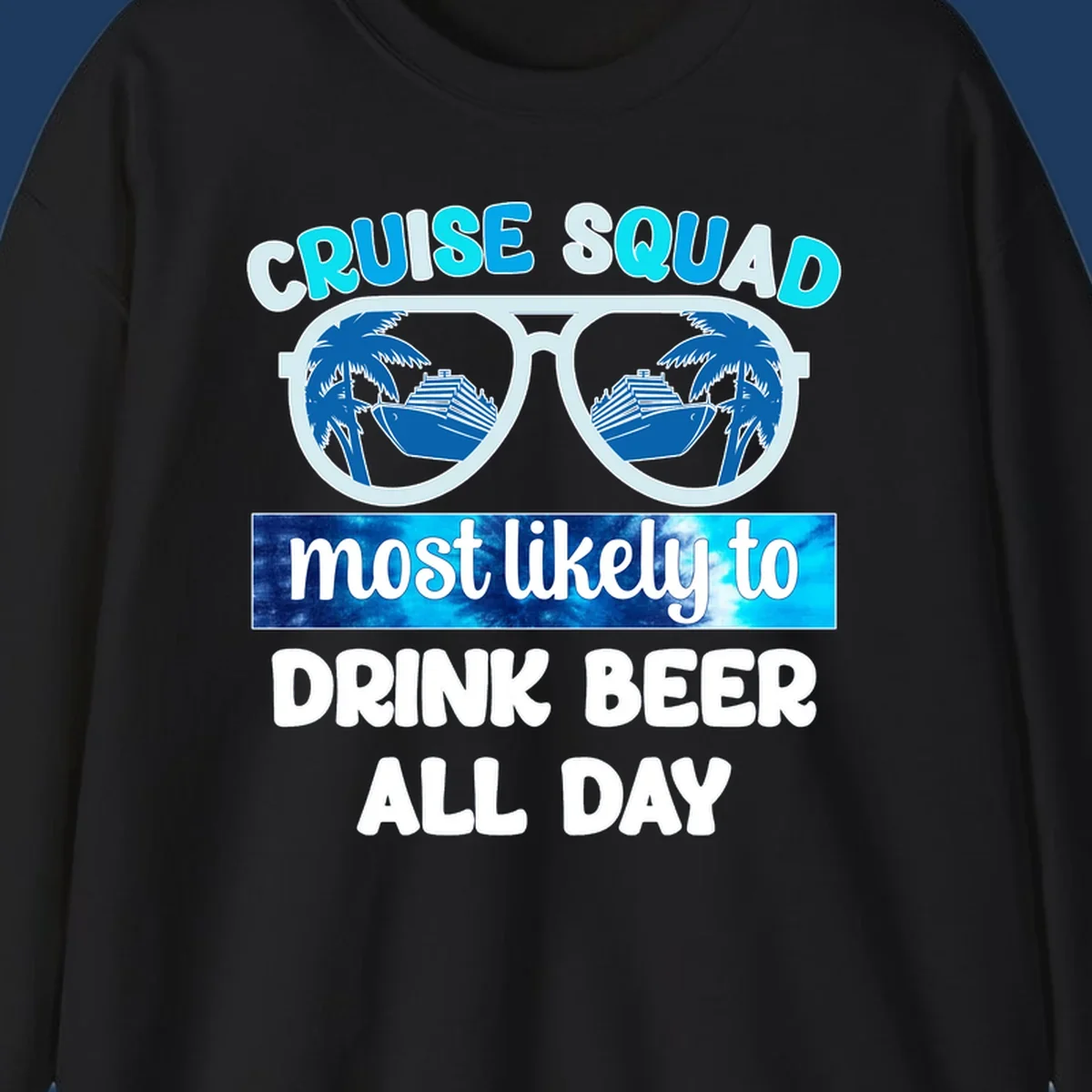 Cruise squad beer sunglasses design with palm trees and ships reflected in oversized shades