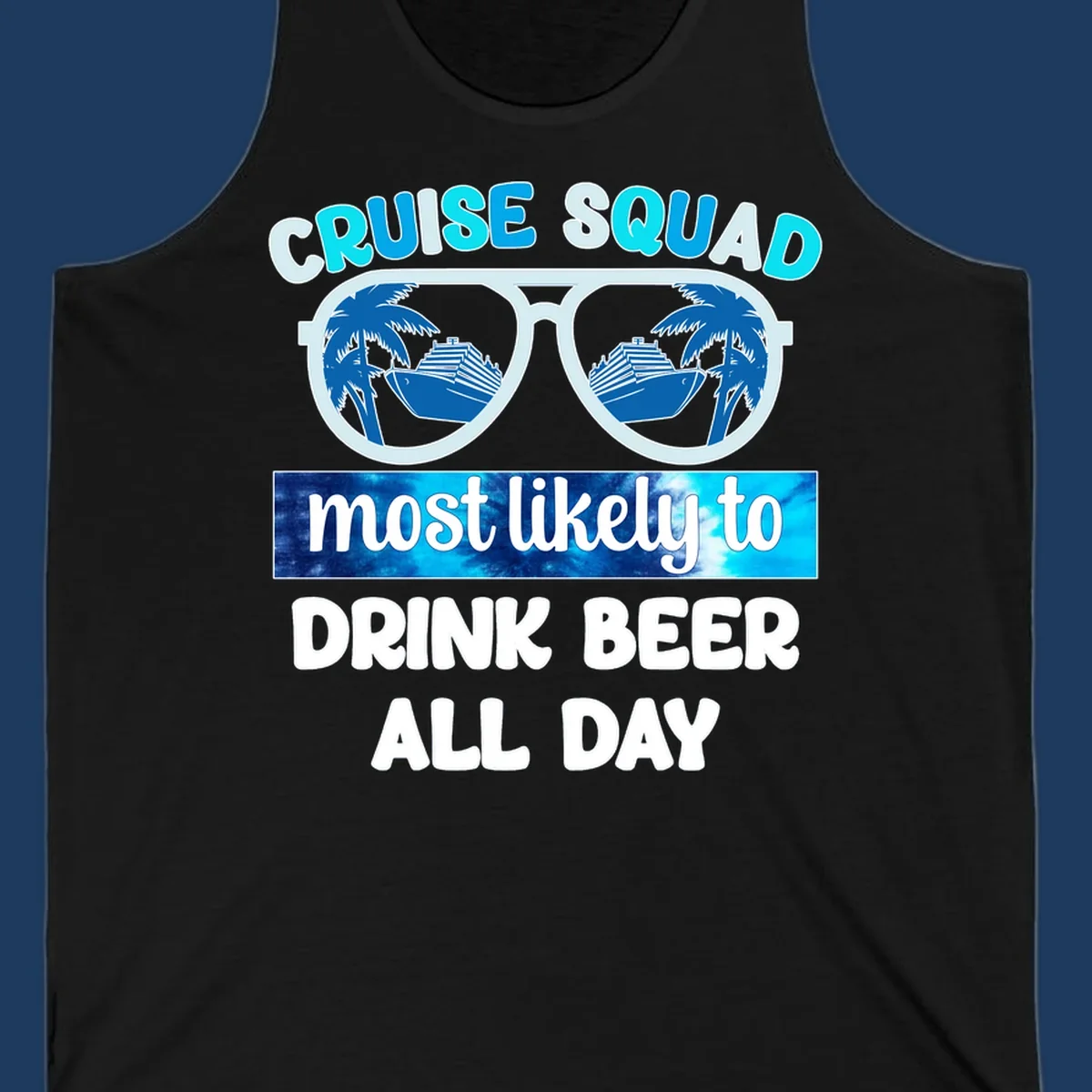 Cruise squad beer sunglasses design with palm trees and ships reflected in oversized shades