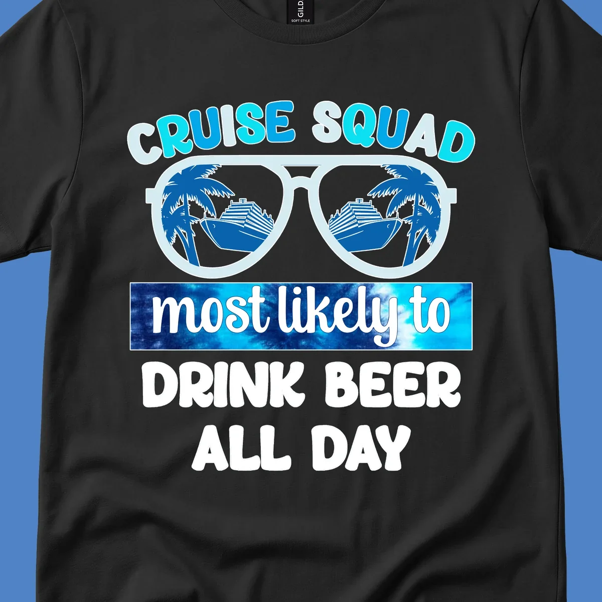 Cruise squad beer sunglasses design with palm trees and ships reflected in oversized shades