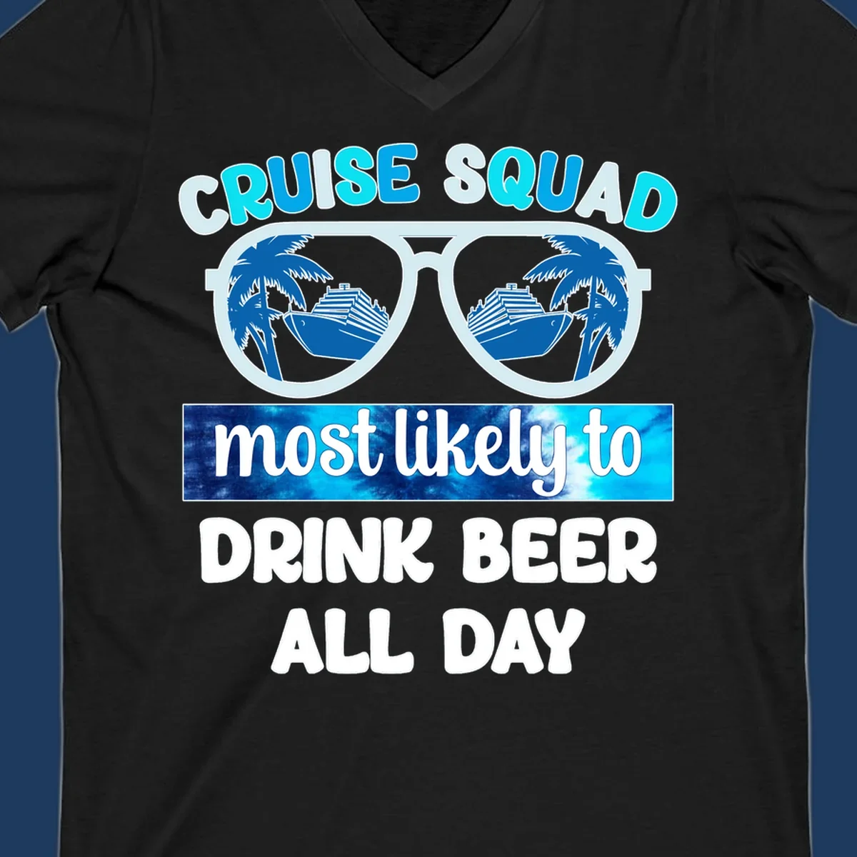 Cruise squad beer sunglasses design with palm trees and ships reflected in oversized shades