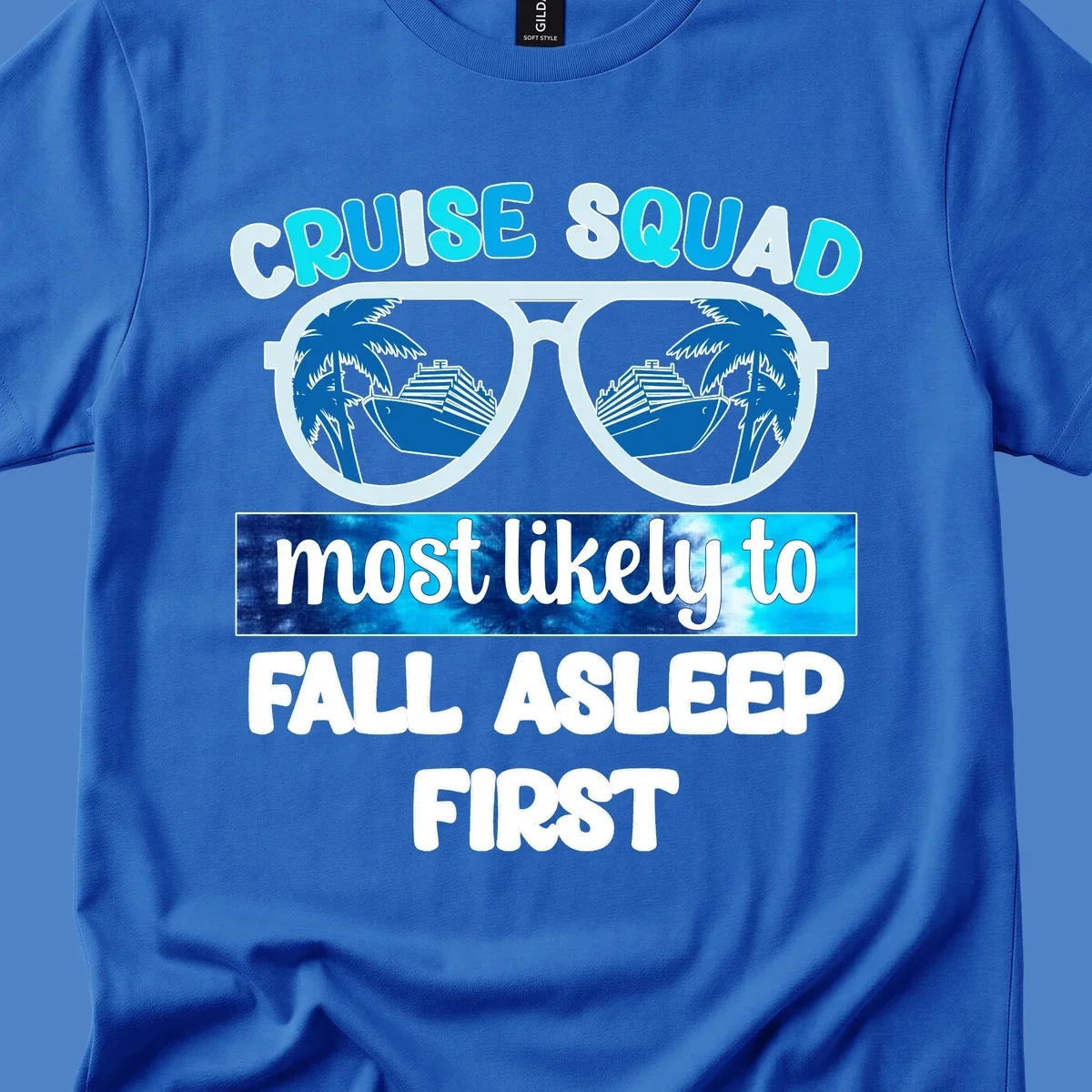 Oversized sunglasses with cruise ship and palm tree reflections, text reads 'Cruise Squad Most Likely To Fall Asleep First'