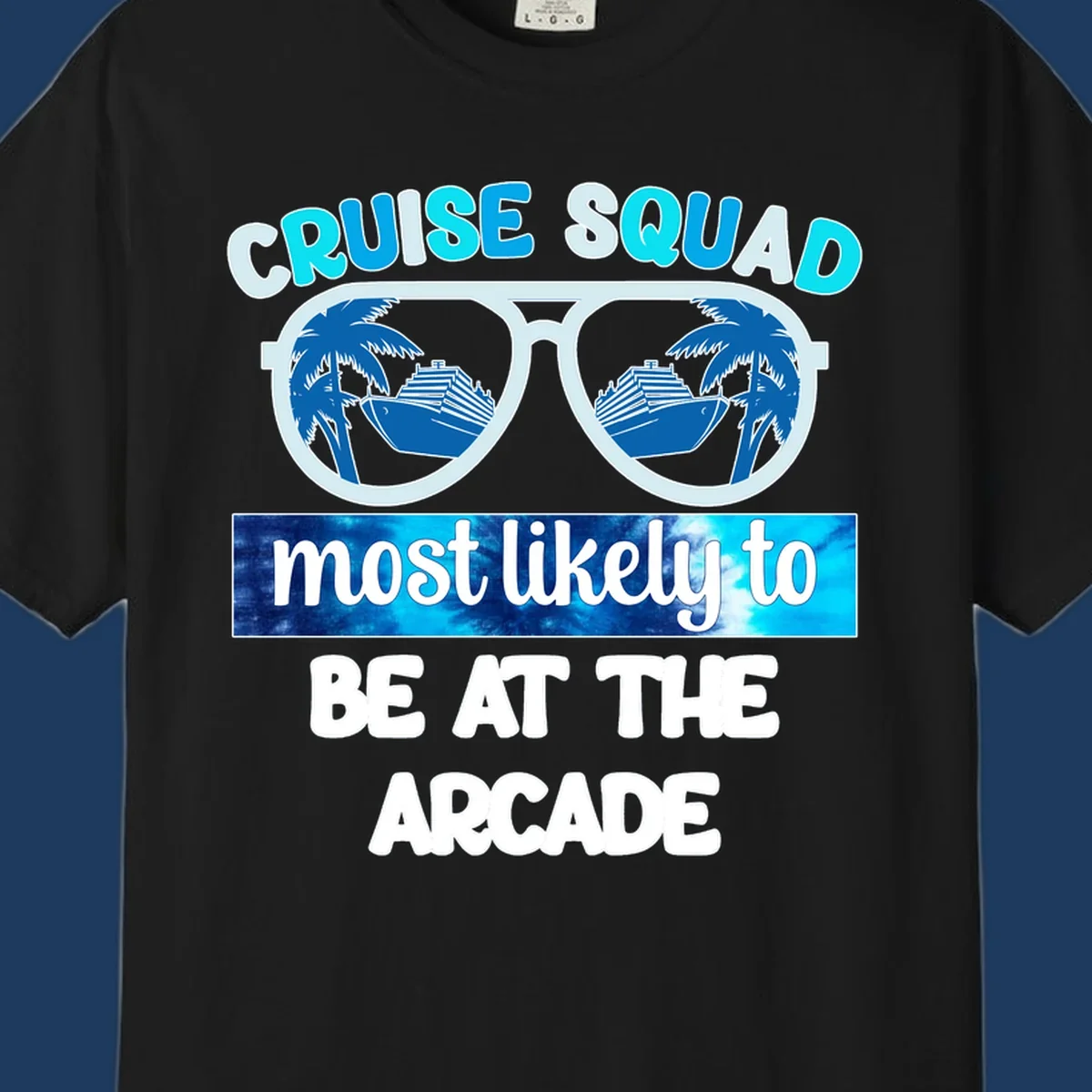 Cruise squad arcade design with sunglasses showing palm trees and ship reflections, retro text