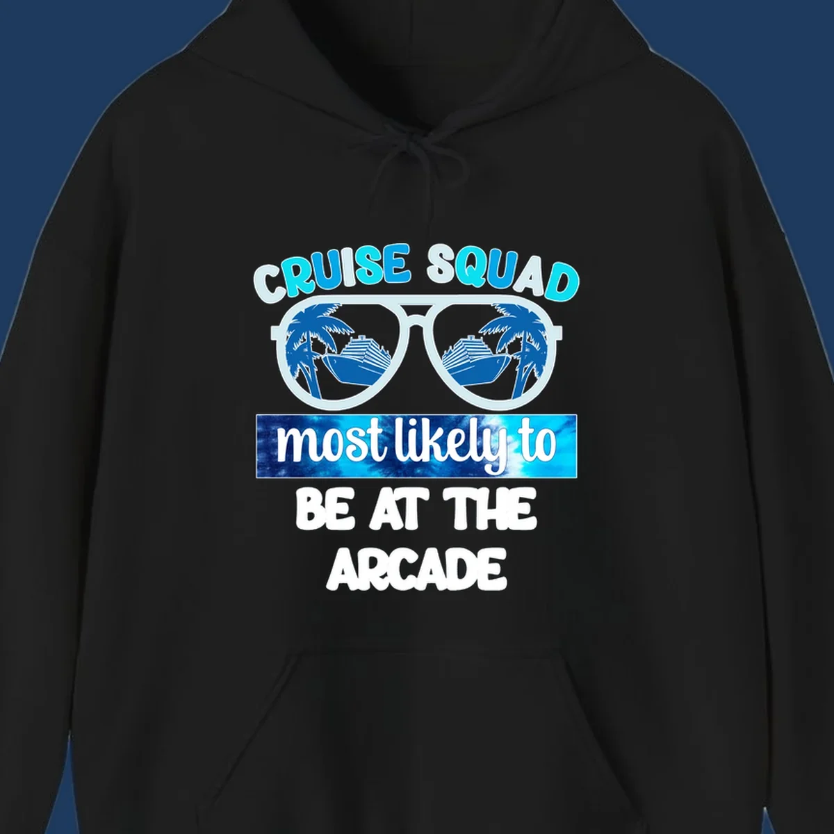 Cruise squad arcade design with sunglasses showing palm trees and ship reflections, retro text