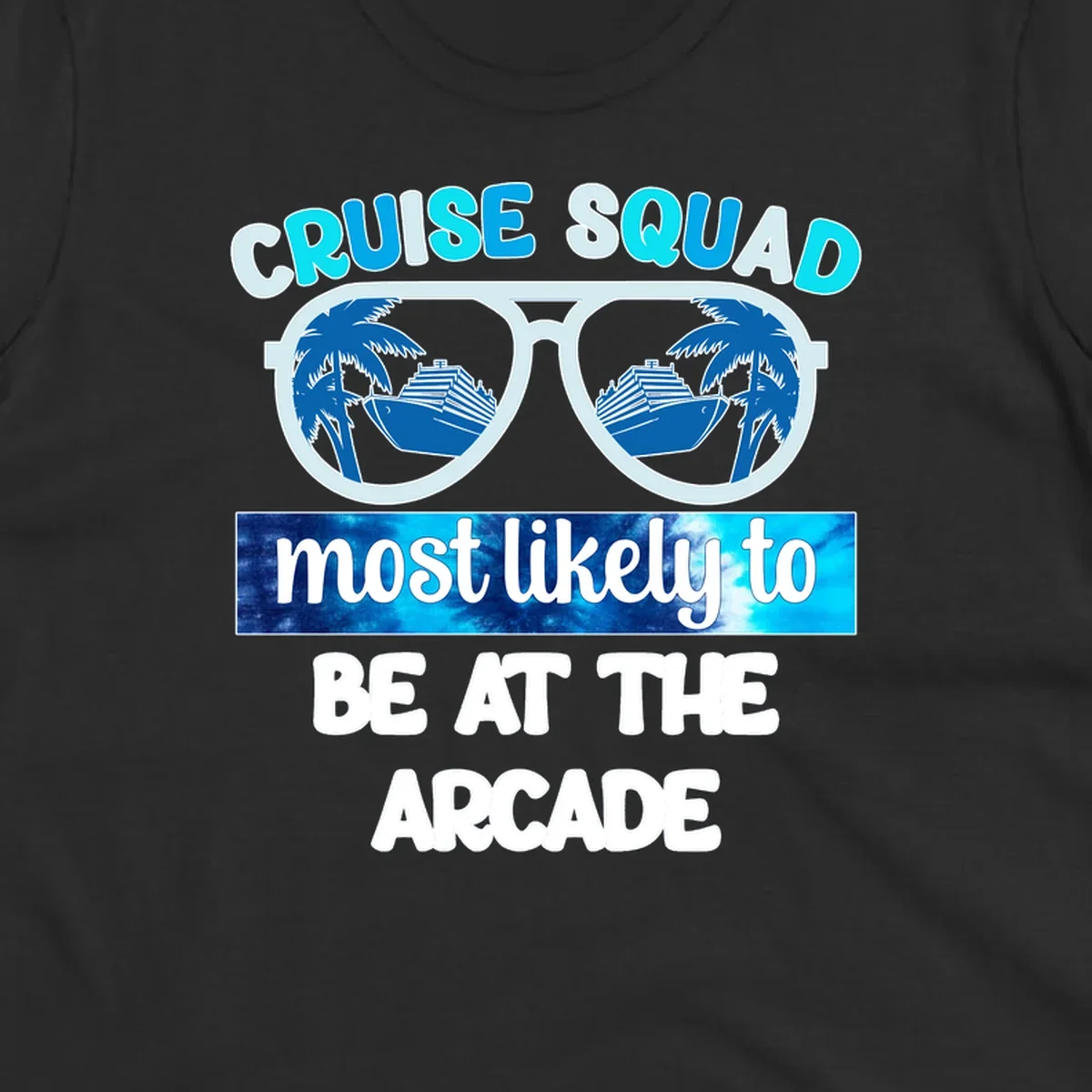 Cruise squad arcade design with sunglasses showing palm trees and ship reflections, retro text