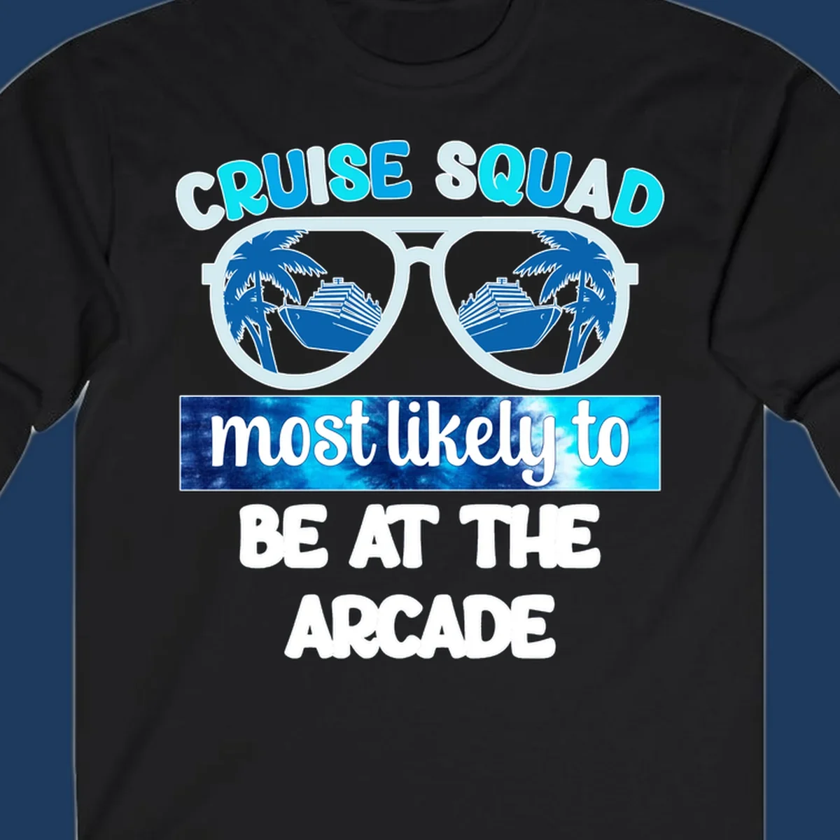 Cruise squad arcade design with sunglasses showing palm trees and ship reflections, retro text
