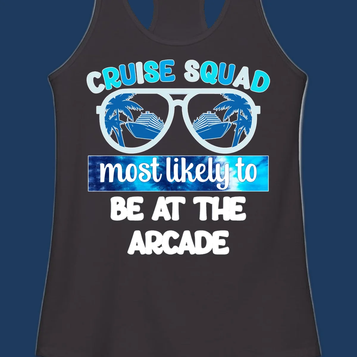 Cruise squad arcade design with sunglasses showing palm trees and ship reflections, retro text