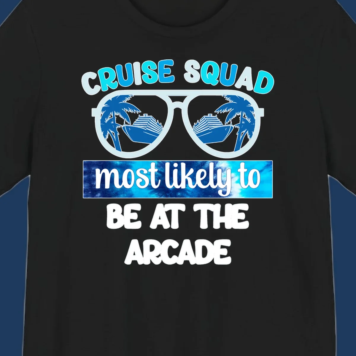 Cruise squad arcade design with sunglasses showing palm trees and ship reflections, retro text