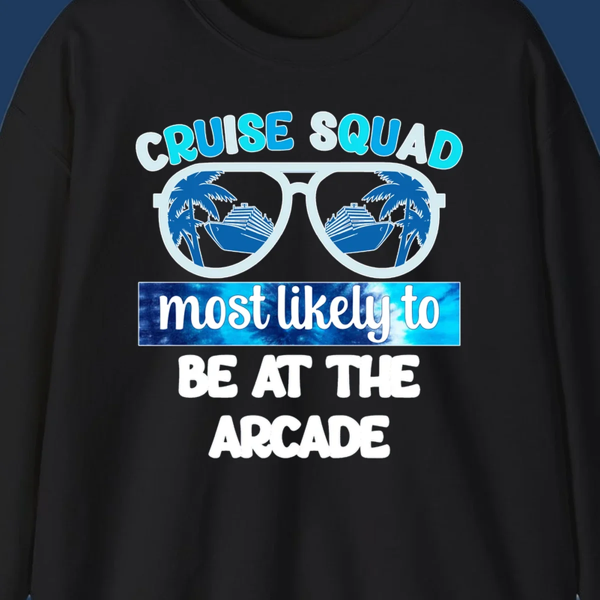 Cruise squad arcade design with sunglasses showing palm trees and ship reflections, retro text