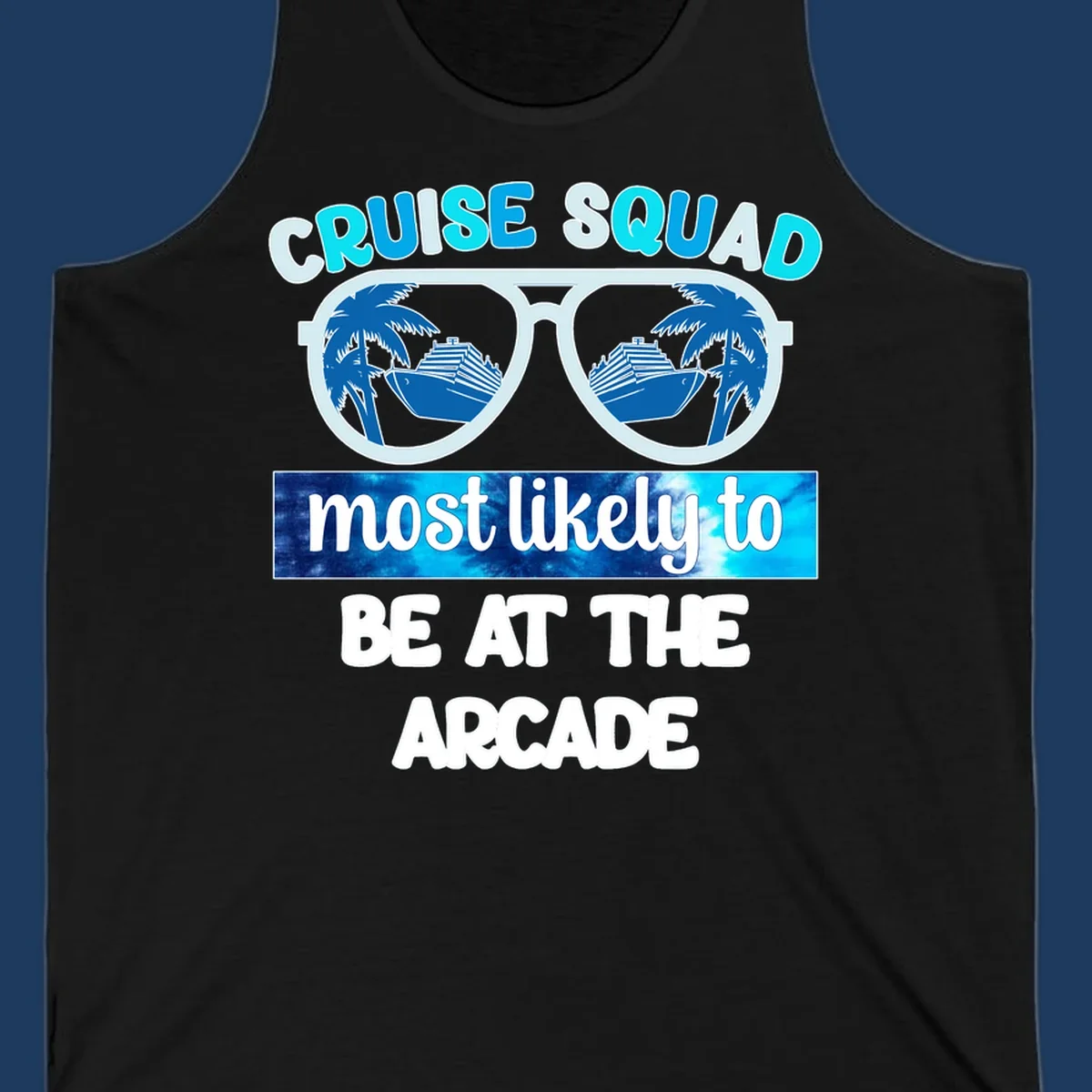 Cruise squad arcade design with sunglasses showing palm trees and ship reflections, retro text